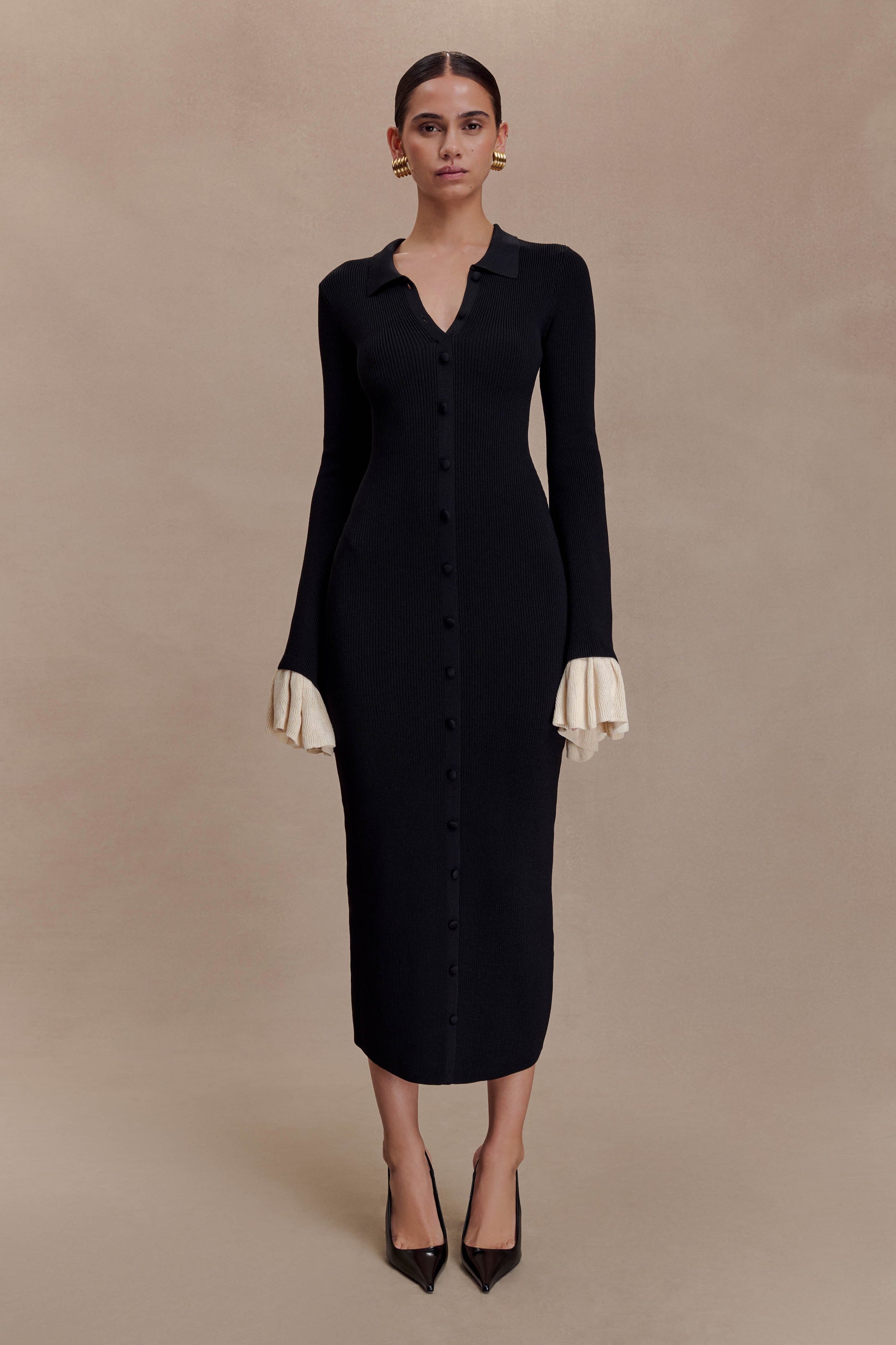 Amirose Ruffle Knit Midi Dress / Black | MESHKI | S Amirose Ruffle Knit Midi Dress / Black | MESHKI | S