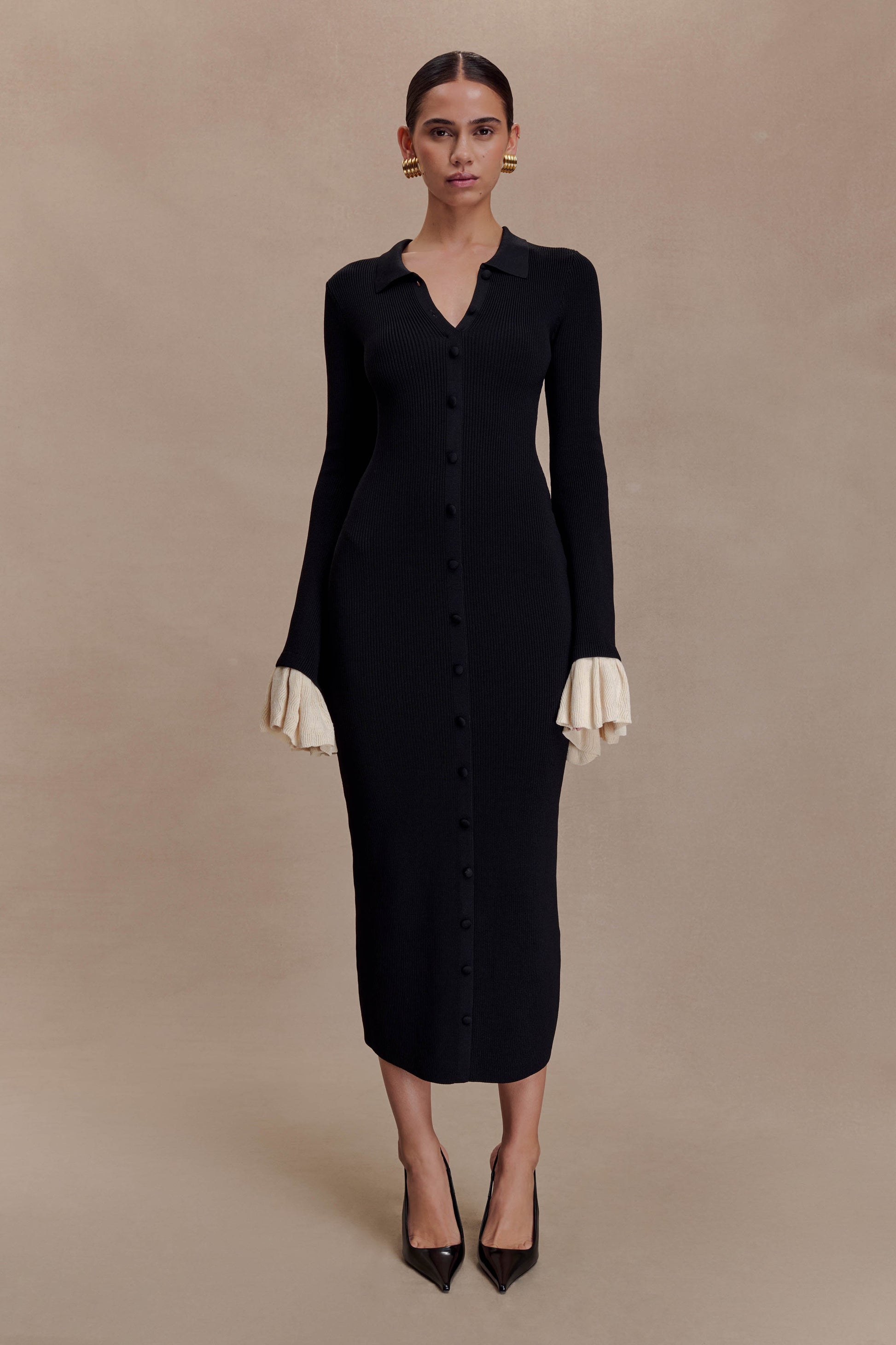 Amirose Ruffle Knit Midi Dress - Black | MESHKI US Amirose Ruffle Knit Midi Dress - Black | MESHKI US