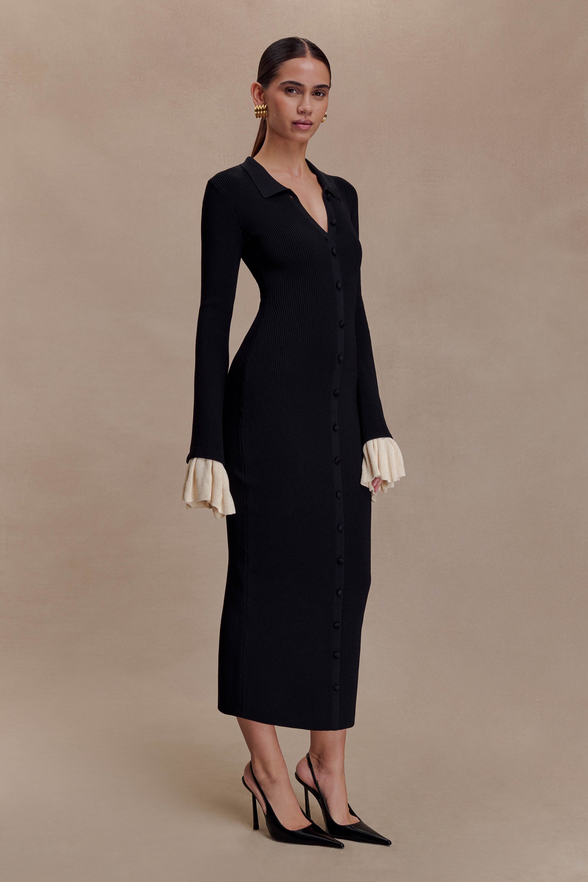 Amirose Ruffle Knit Midi Dress / Black | MESHKI | S Amirose Ruffle Knit Midi Dress / Black | MESHKI | S