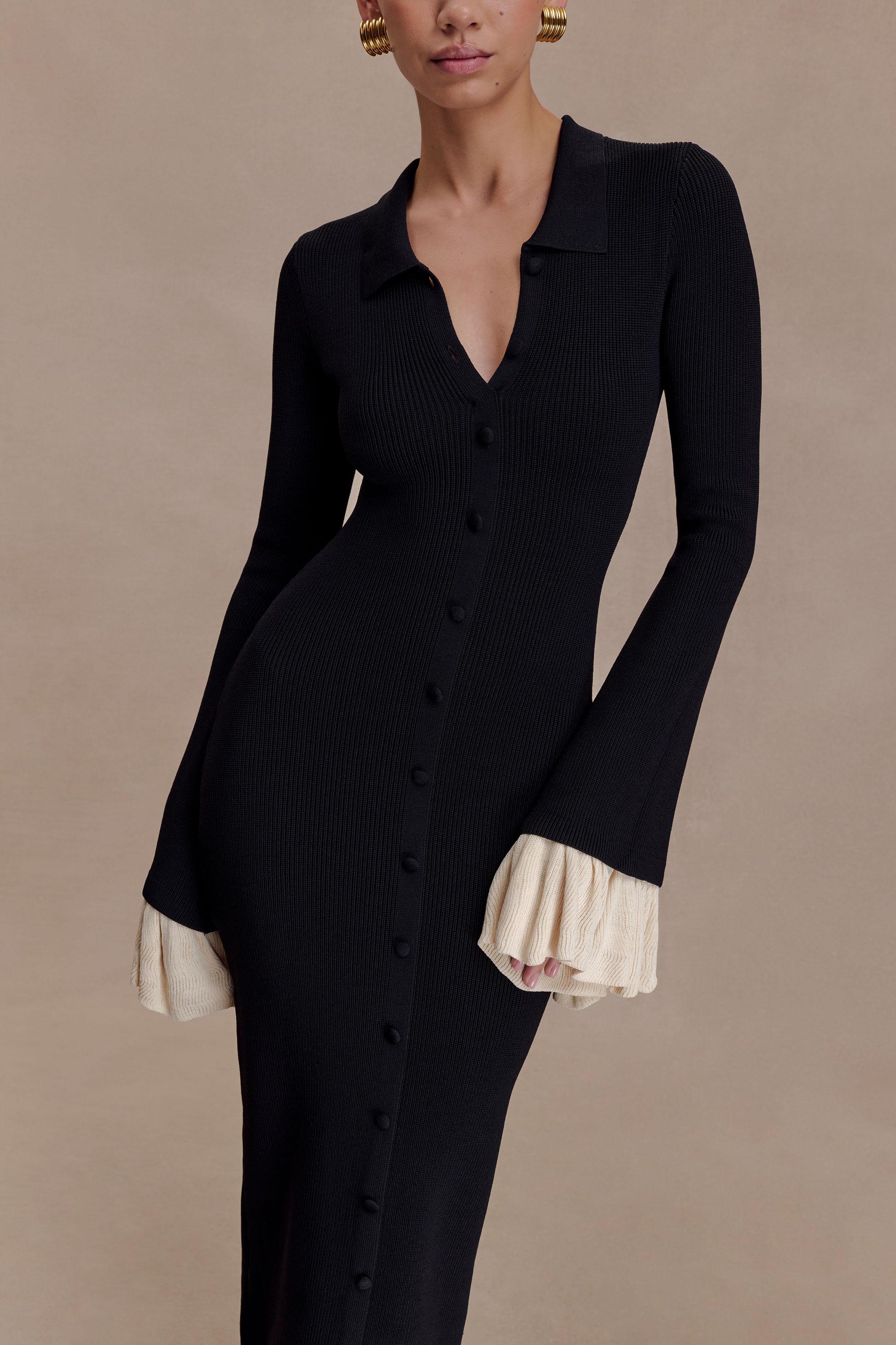 Amirose Ruffle Knit Midi Dress - Black | MESHKI US Amirose Ruffle Knit Midi Dress - Black | MESHKI US