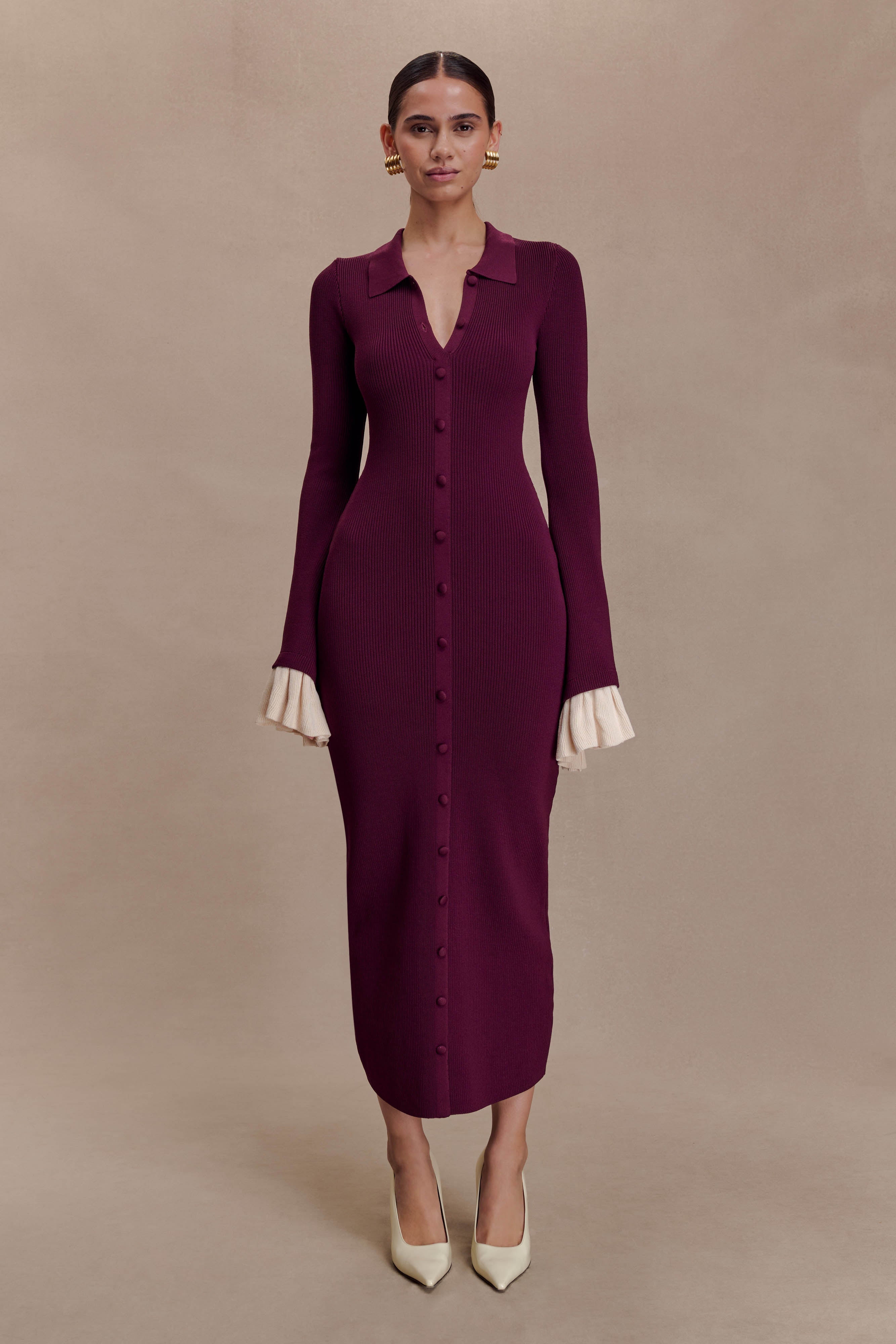 Amirose Ruffle Knit Midi Dress - Plum | MESHKI US