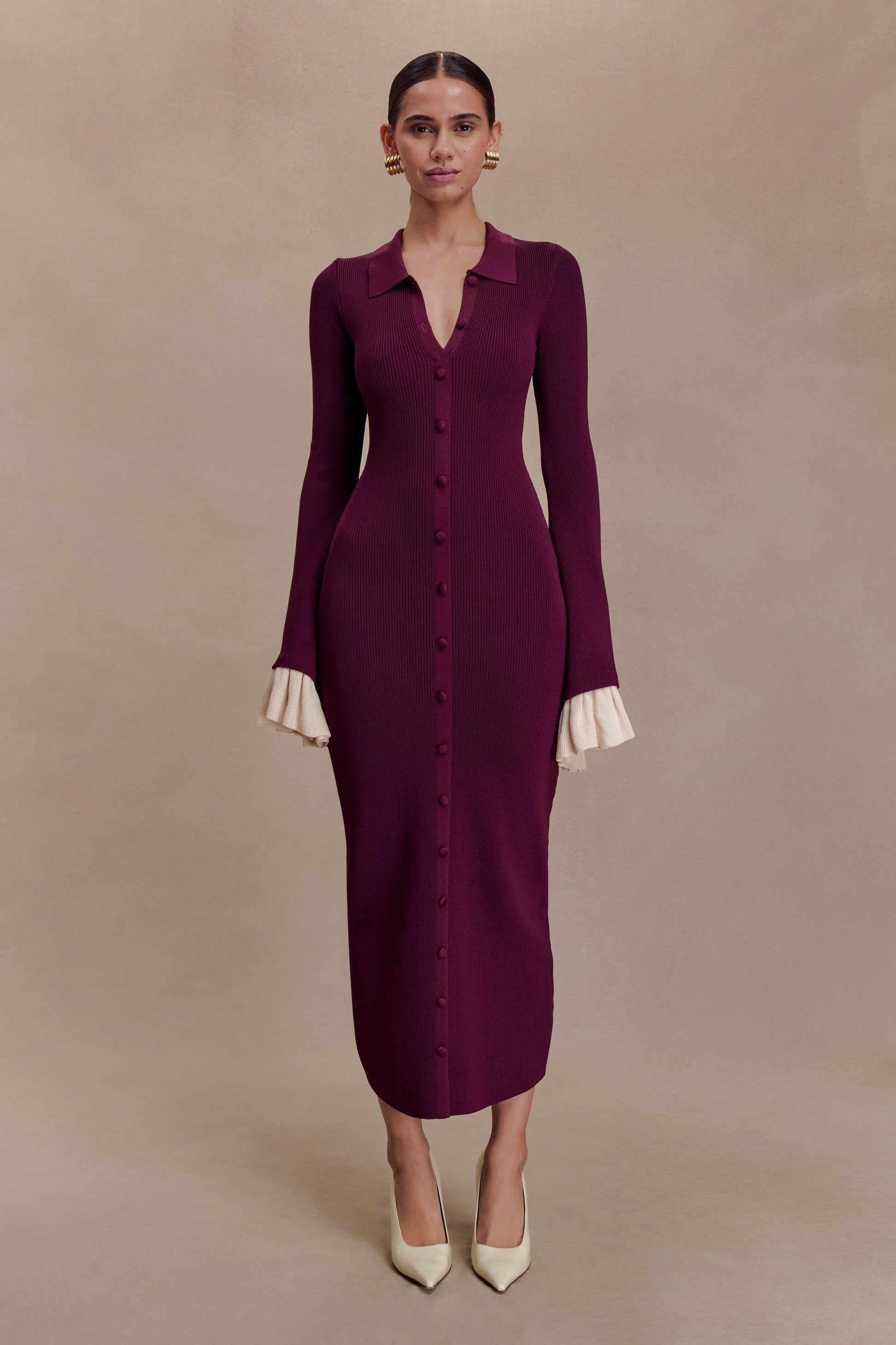 Amirose Ruffle Knit Midi Dress - Plum