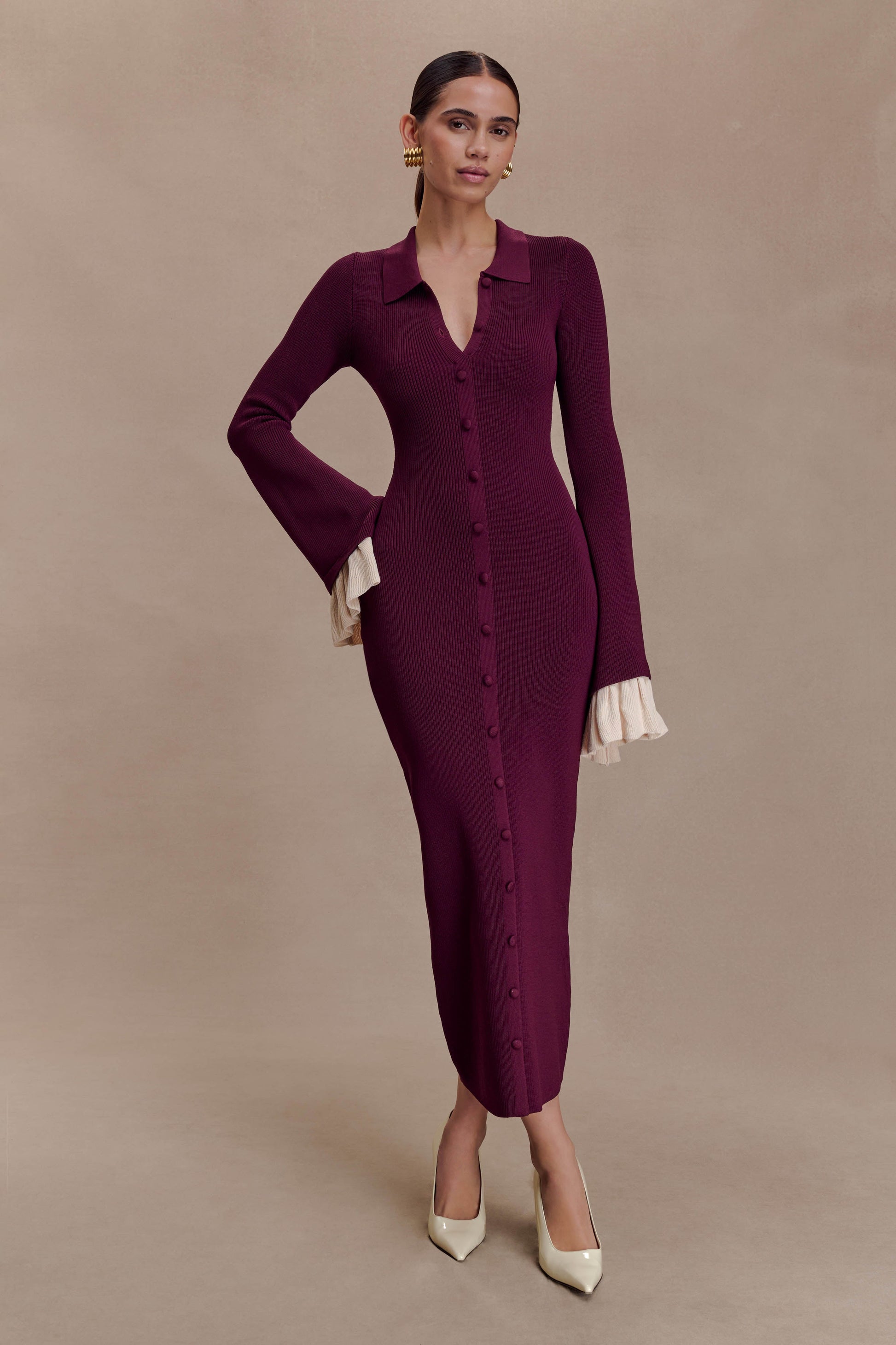 Amirose Ruffle Knit Midi Dress - Plum #4