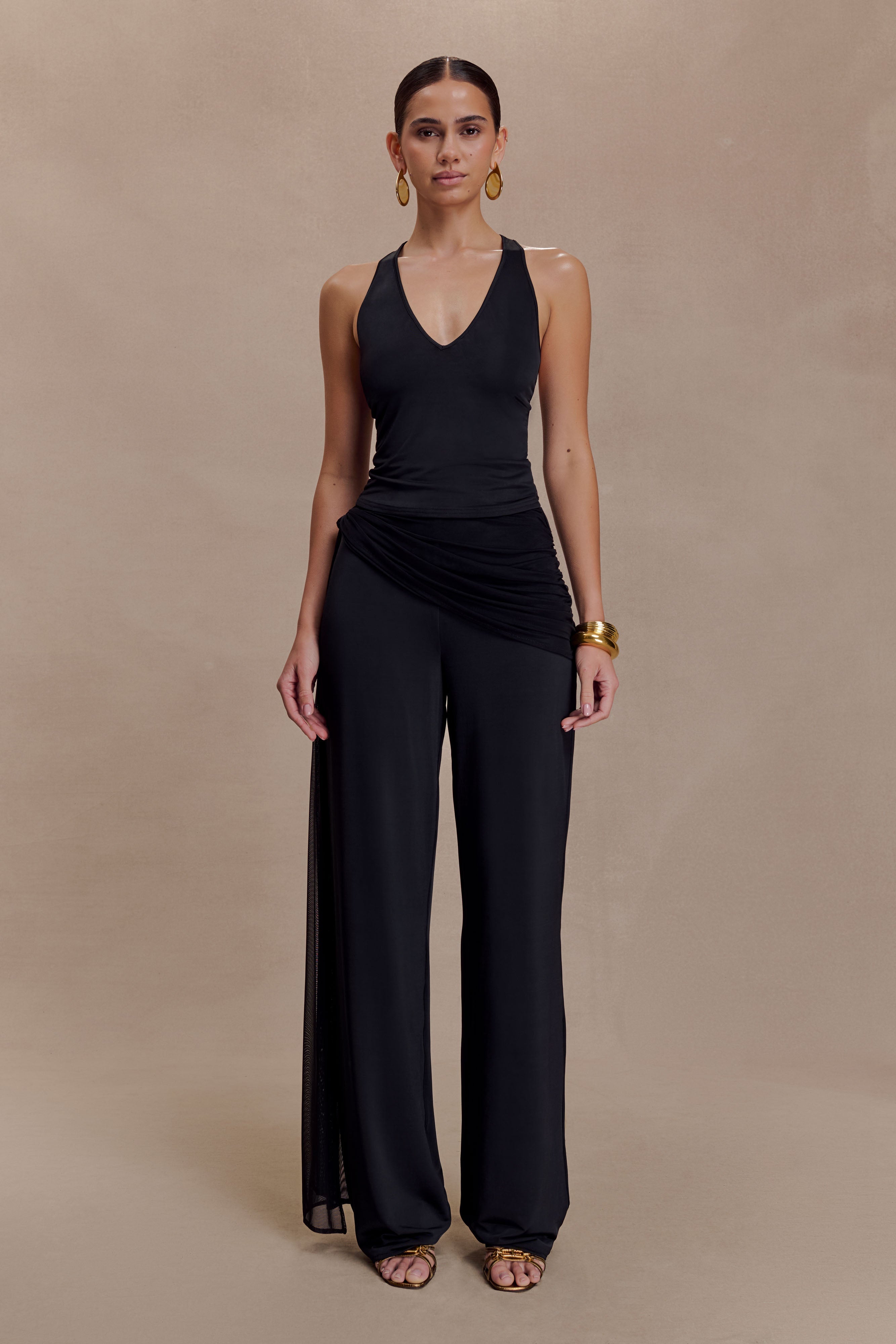 Aspyn Slinky Gathered Wide Leg Pants - Black | MESHKI US