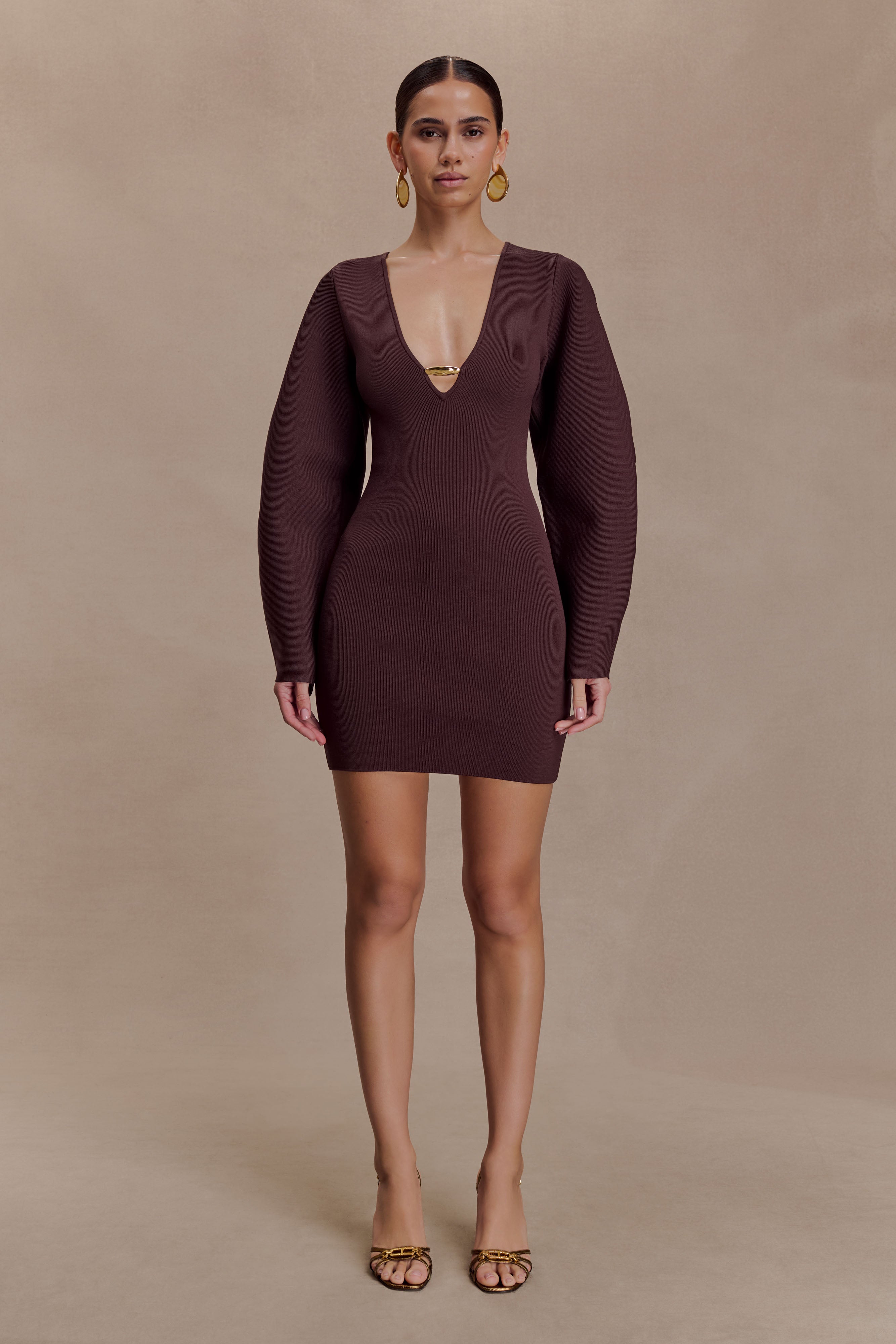 Billy Balloon Sleeve Knit Mini Dress - Dark Chocolate | MESHKI US