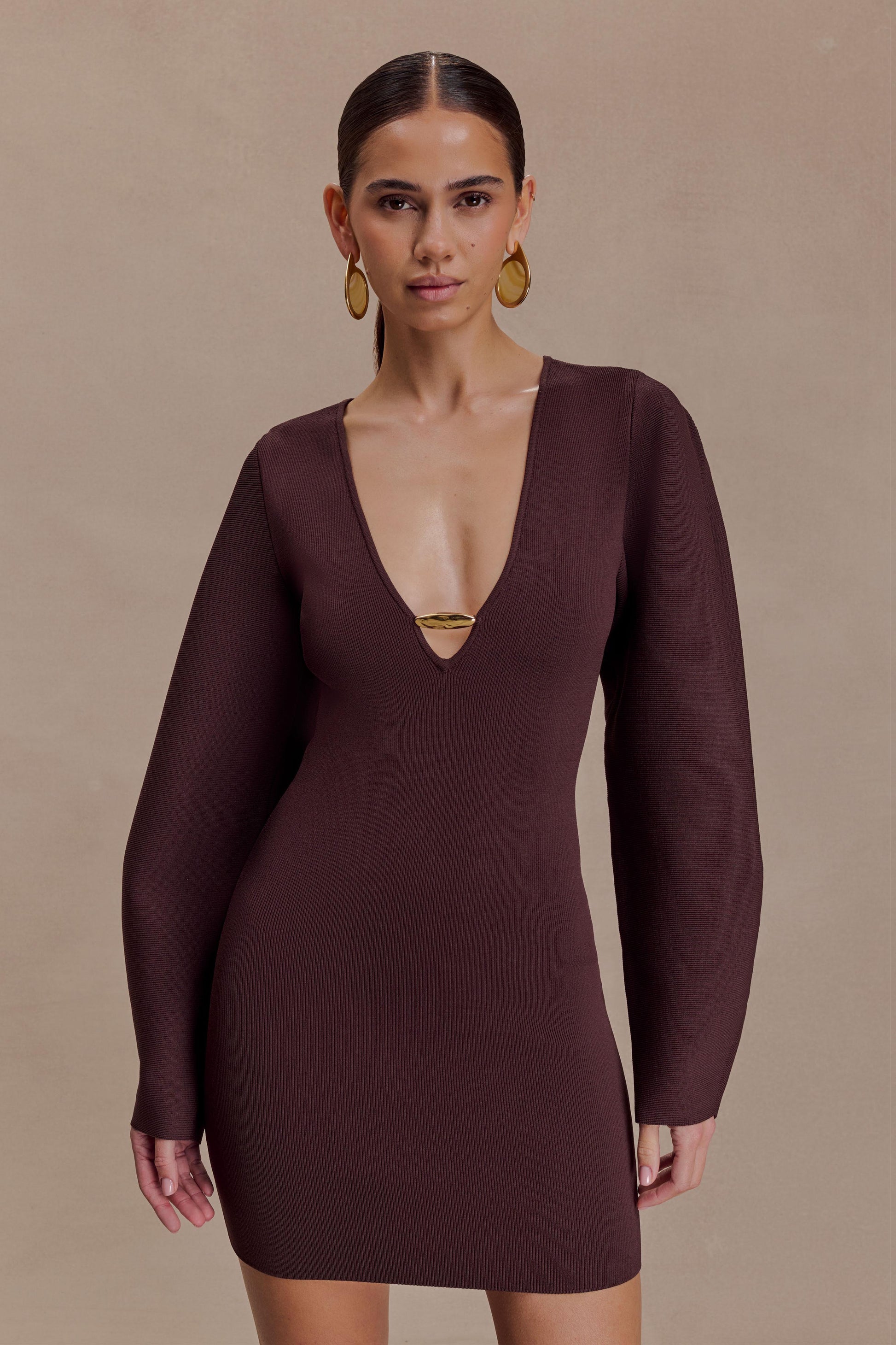 Billy Balloon Sleeve Knit Mini Dress - Dark Chocolate | MESHKI US Billy Balloon Sleeve Knit Mini Dress - Dark Chocolate | MESHKI US