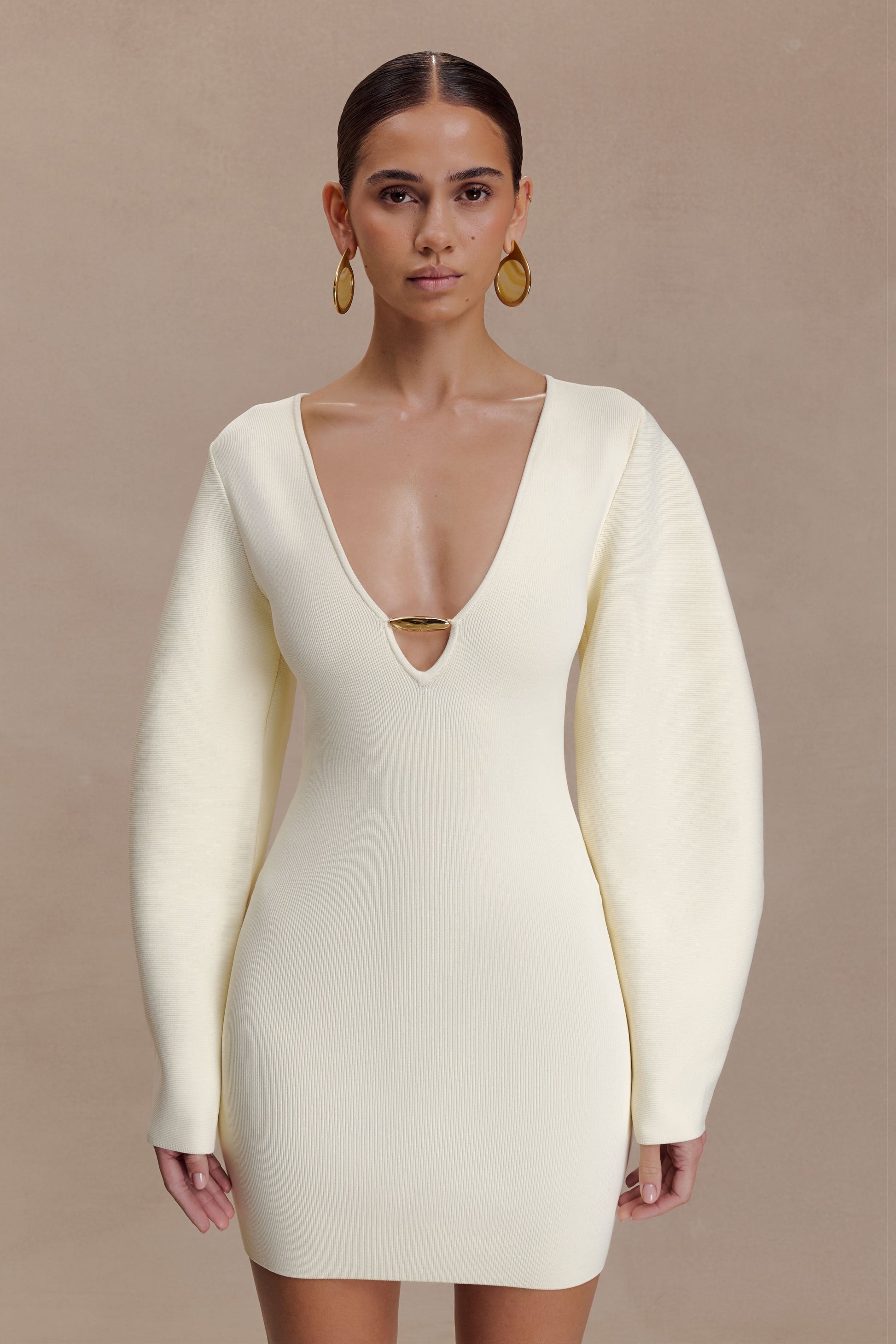Billy Balloon Sleeve Knit Mini Dress / Ivory | MESHKI | XXS Billy Balloon Sleeve Knit Mini Dress / Ivory | MESHKI | XXS