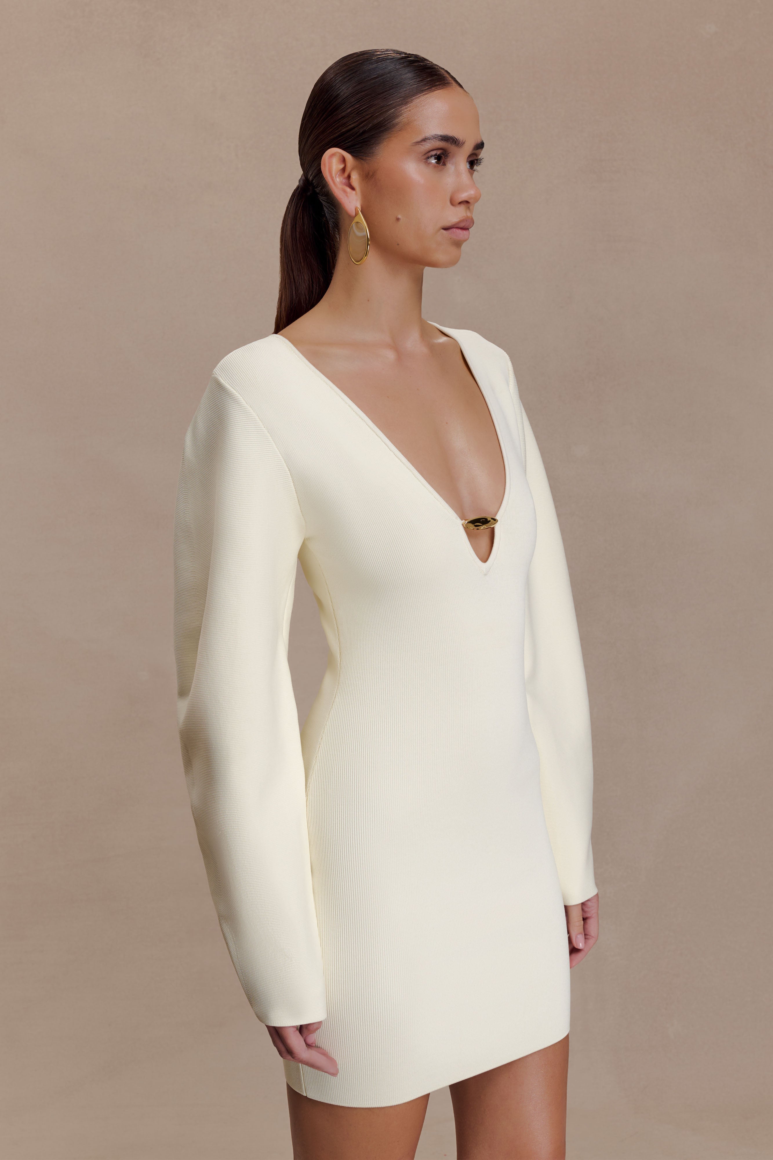 Billy Balloon Sleeve Knit Mini Dress - Ivory | MESHKI US