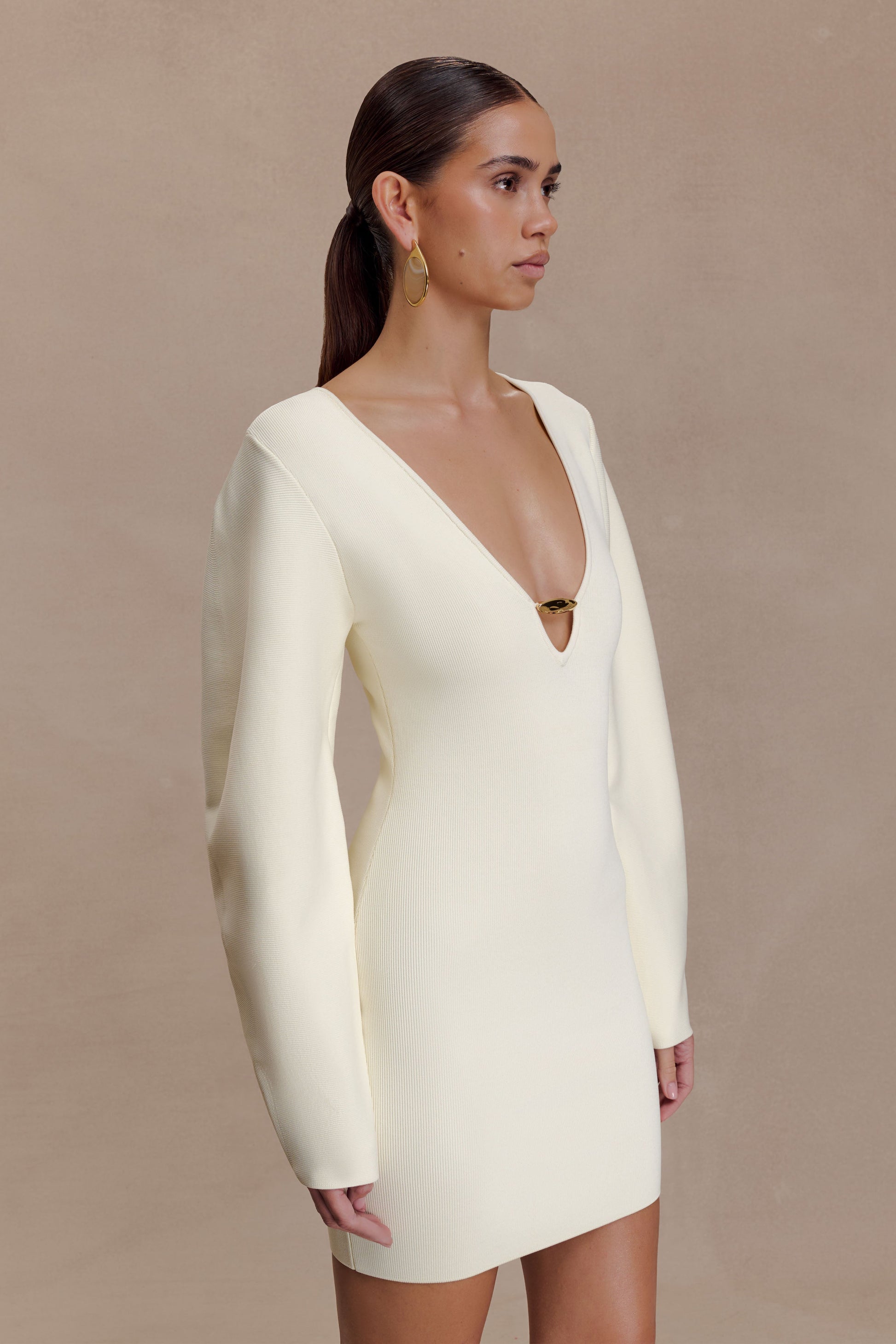 Billy Balloon Sleeve Knit Mini Dress - Ivory | MESHKI US Billy Balloon Sleeve Knit Mini Dress - Ivory | MESHKI US