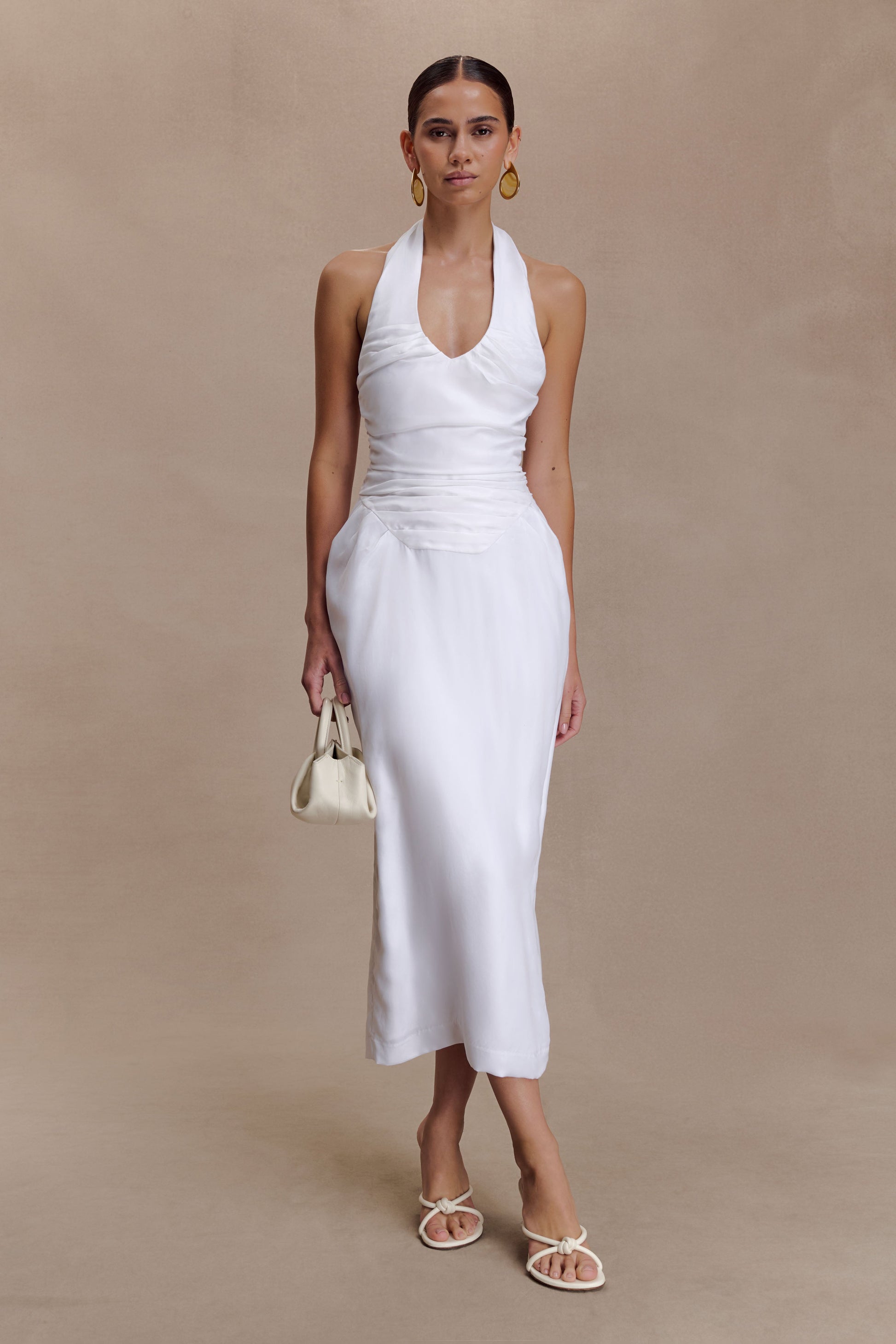 Daniela Ruched Halter Midi Dress / White | MESHKI