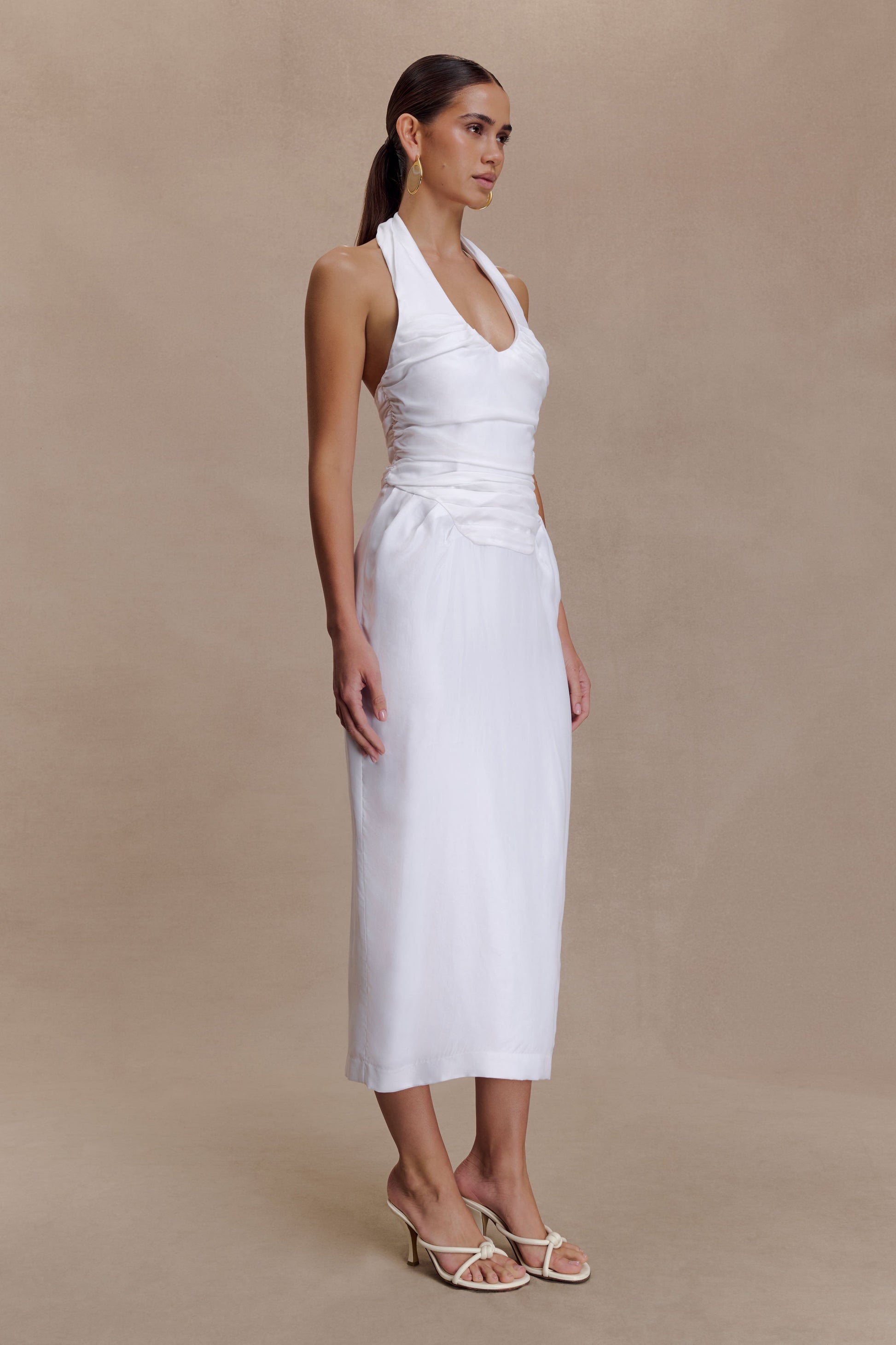 Daniela Ruched Halter Midi Dress / White | MESHKI