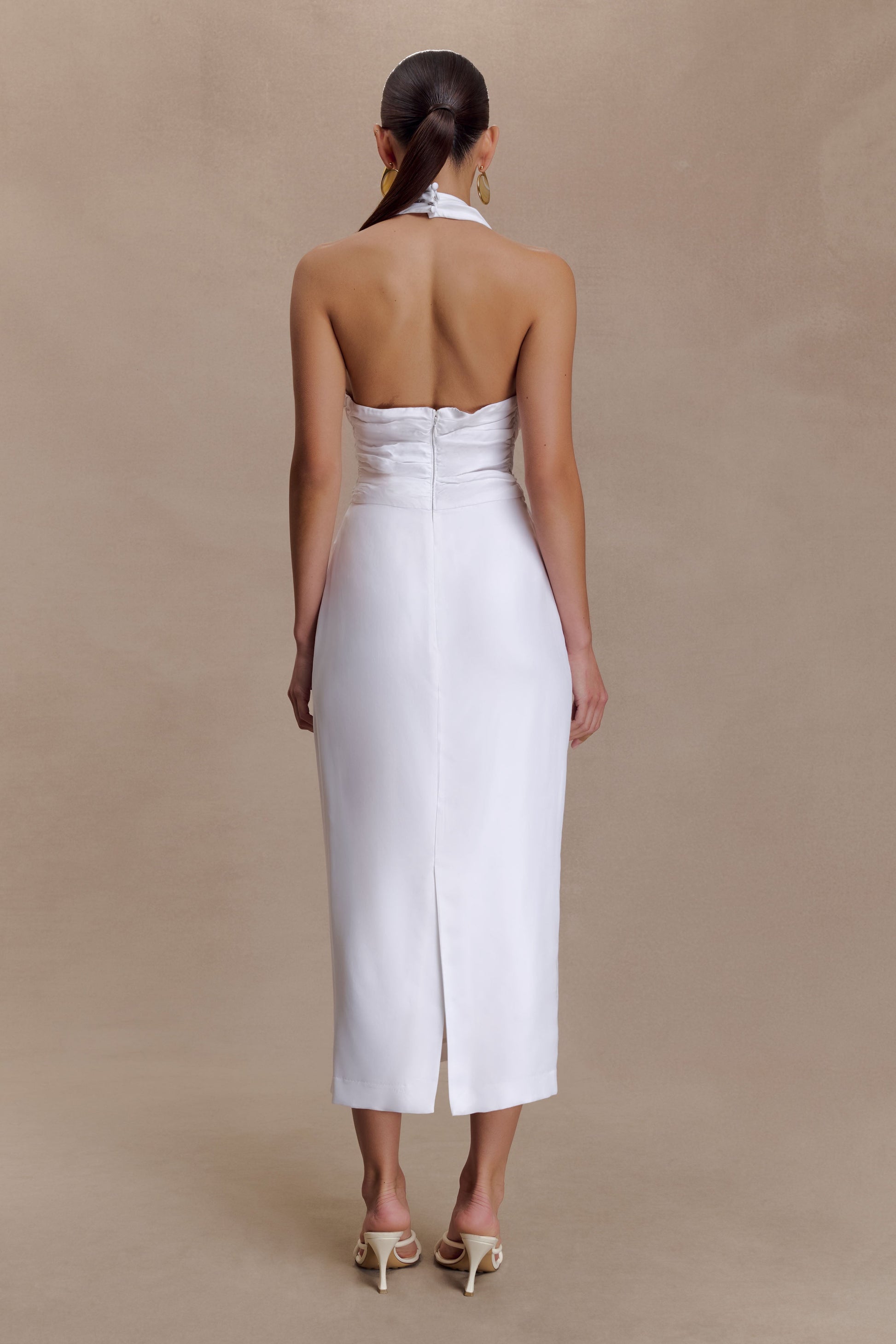 Daniela Ruched Halter Midi Dress / White | MESHKI | L Daniela Ruched Halter Midi Dress / White | MESHKI | L