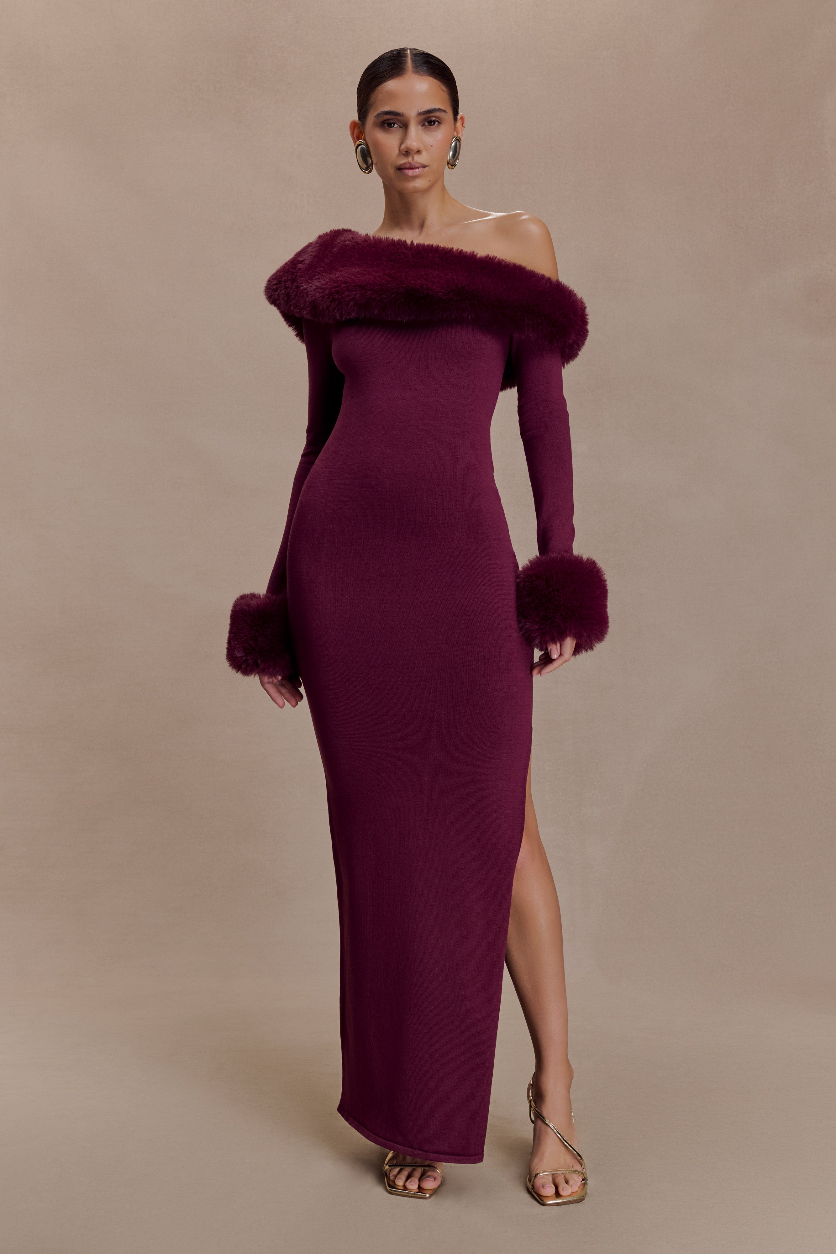 Karleigh Faux Fur Knit Maxi Dress - Plum | MESHKI US