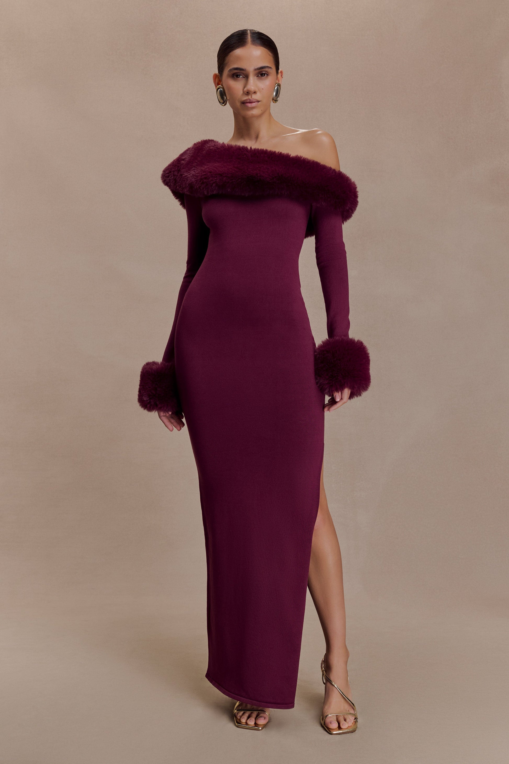 Karleigh Faux Fur Knit Maxi Dress / Plum | MESHKI | XS Karleigh Faux Fur Knit Maxi Dress / Plum | MESHKI | XS