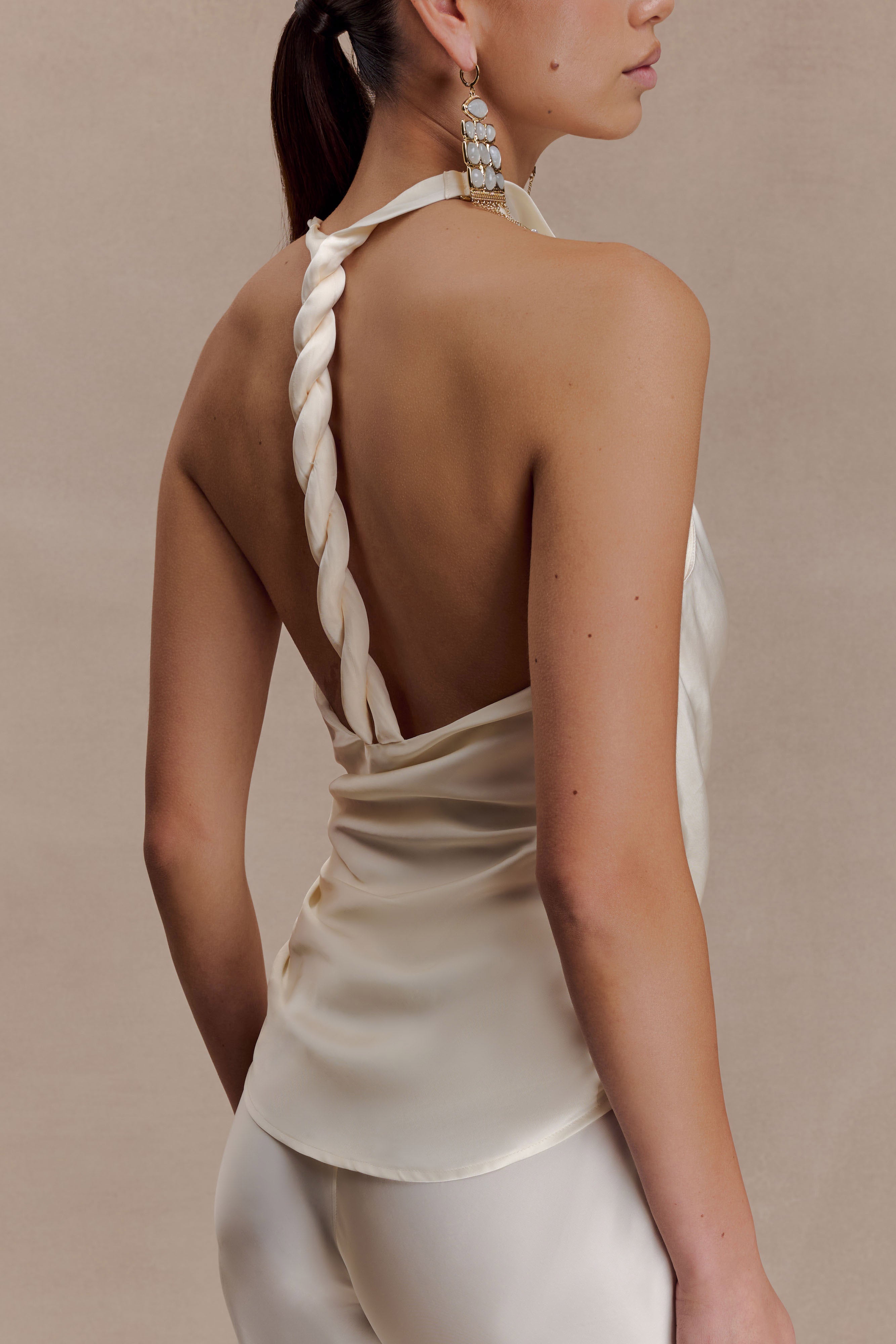 Bianca Satin Halter Top - Ivory | MESHKI US