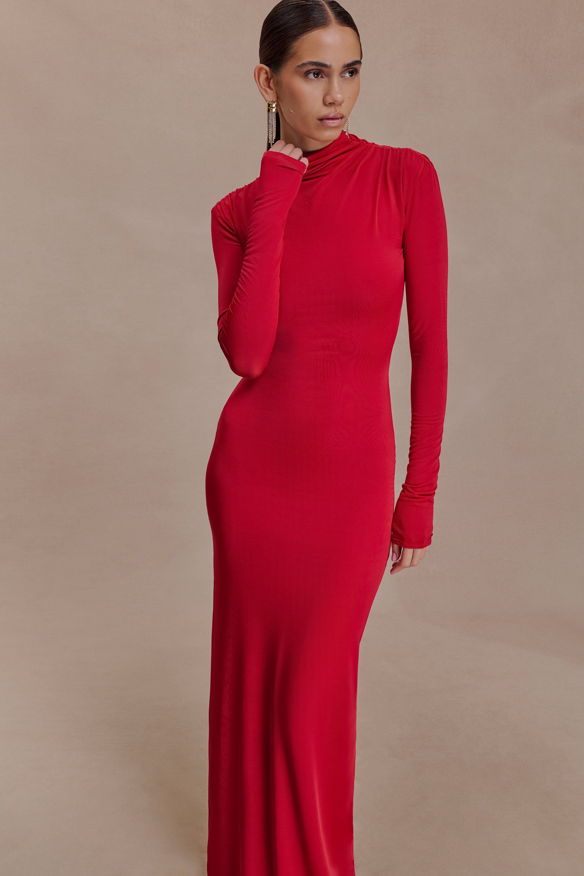 Kiyah Slinky Cut Out Maxi Dress / Red | MESHKI