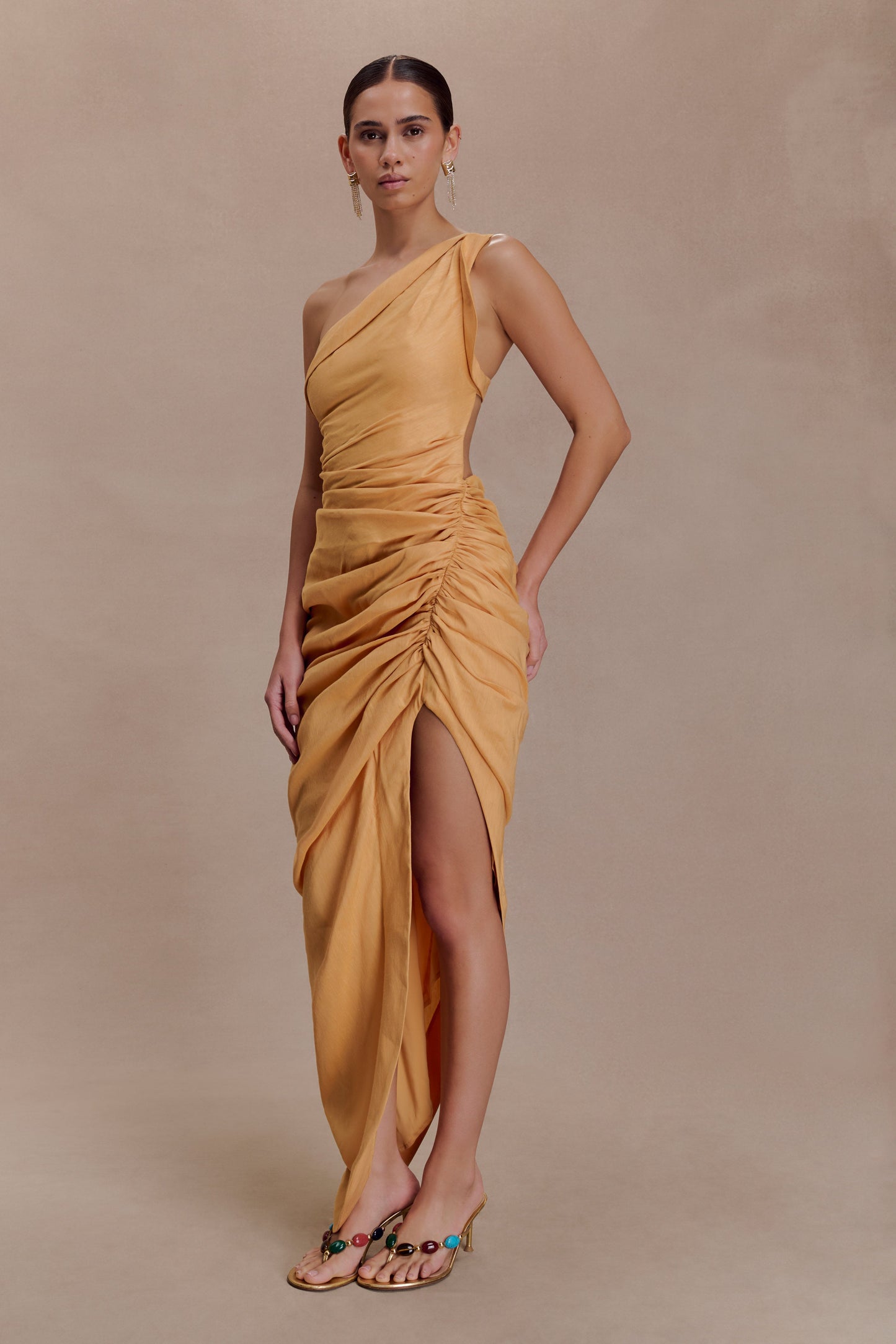 Birgit Linen Midi Dress With Hardware - Deep Peach