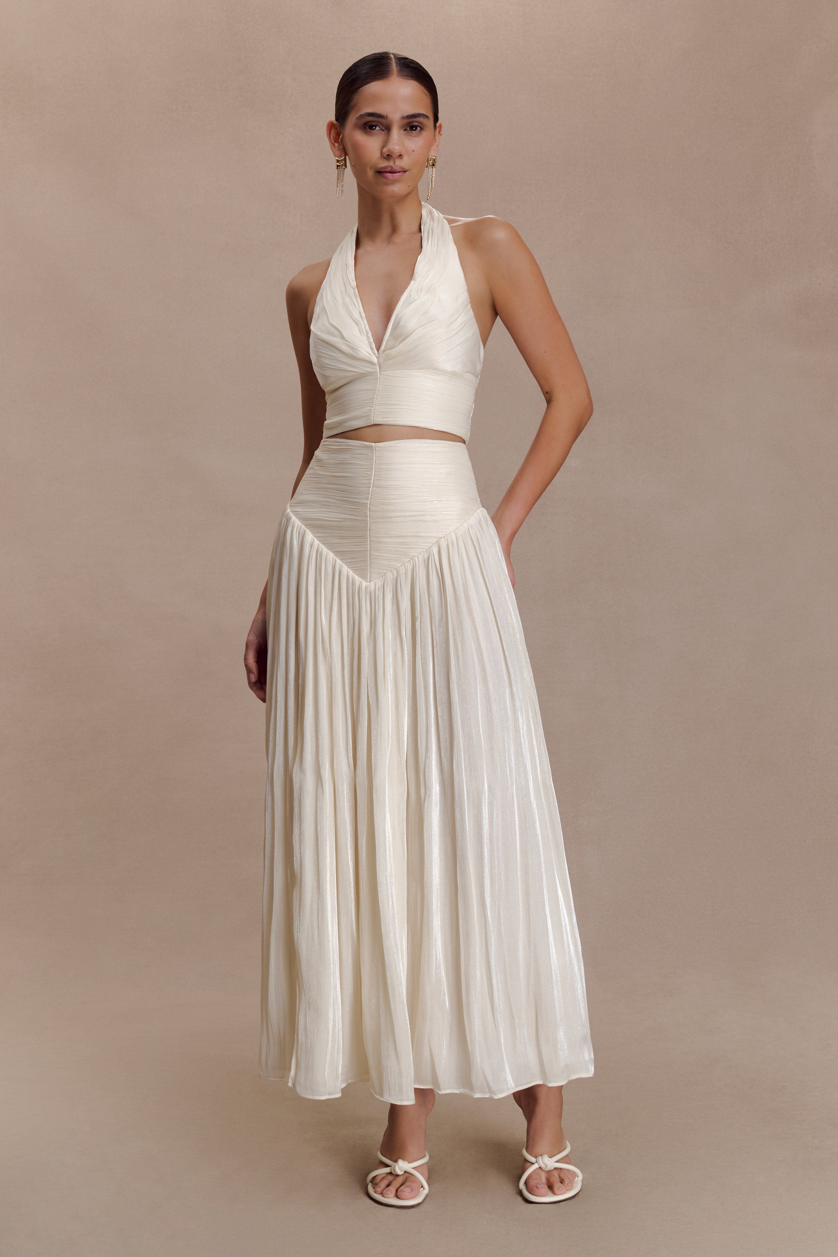 Makena Gathered V Neck Top - Opal White | MESHKI US