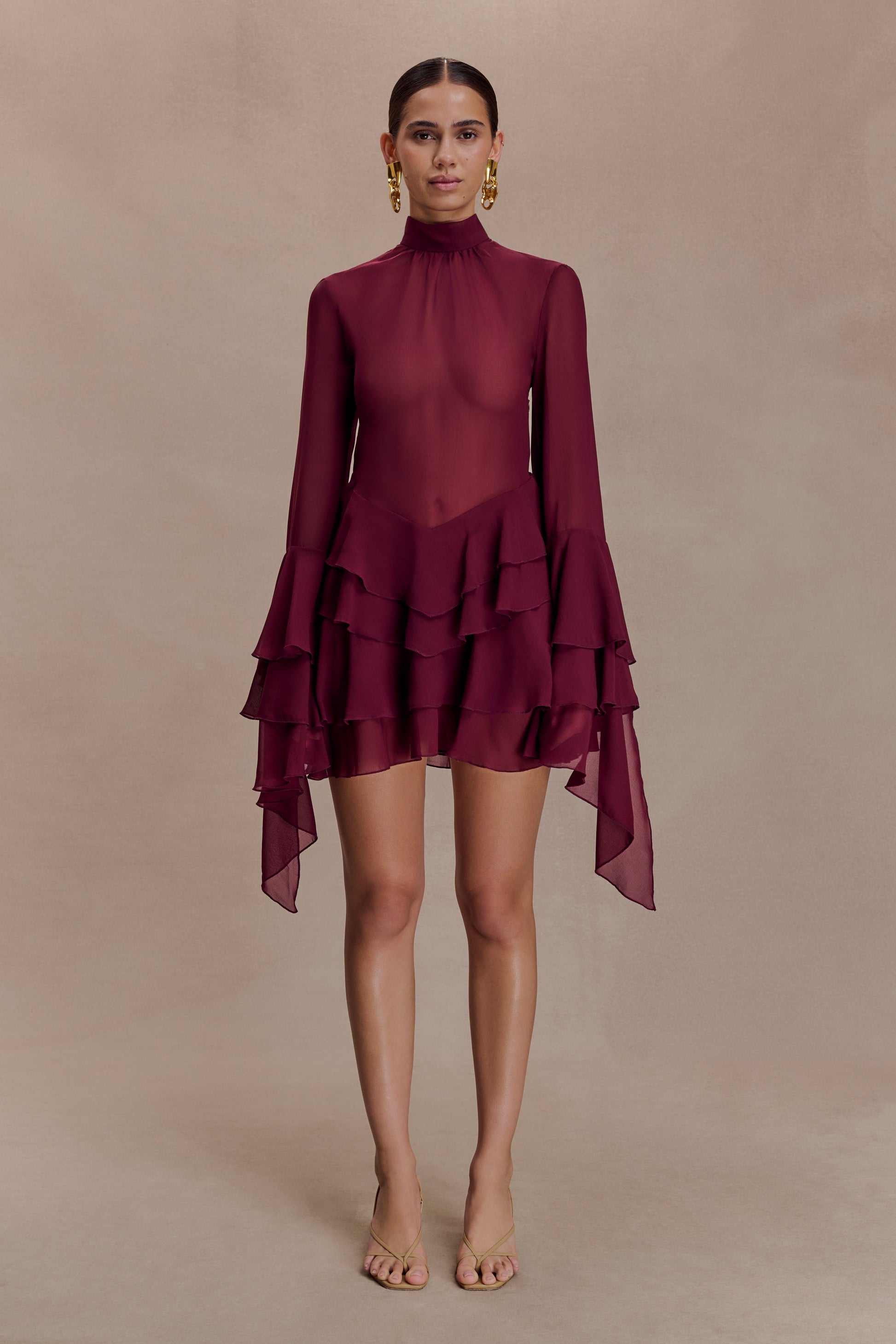 Nimah Chiffon Ruffle Mini Dress - Wine | MESHKI US Nimah Chiffon Ruffle Mini Dress - Wine | MESHKI US