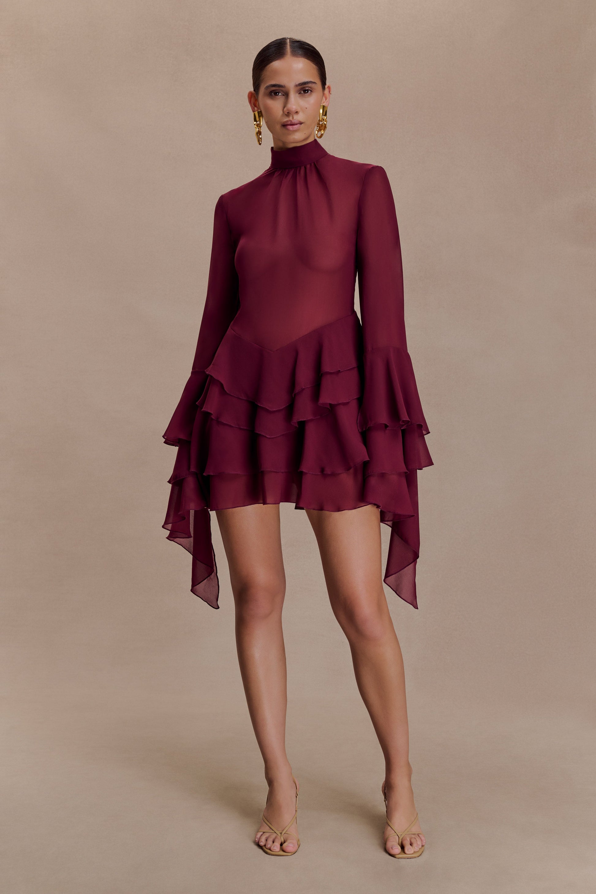 Nimah Chiffon Ruffle Mini Dress / Wine | MESHKI | XS Nimah Chiffon Ruffle Mini Dress / Wine | MESHKI | XS