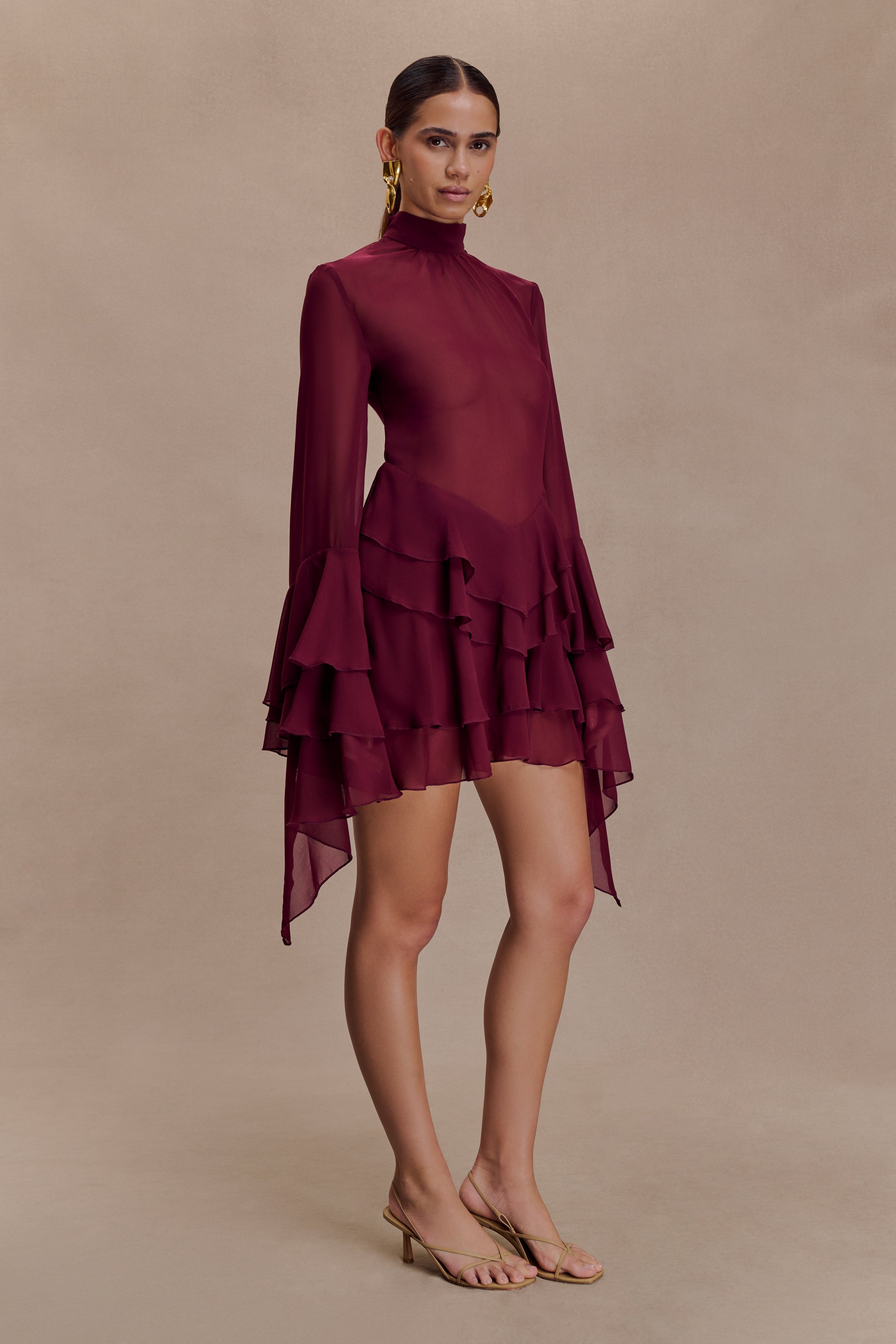 Nimah Chiffon Ruffle Mini Dress - Wine | MESHKI US