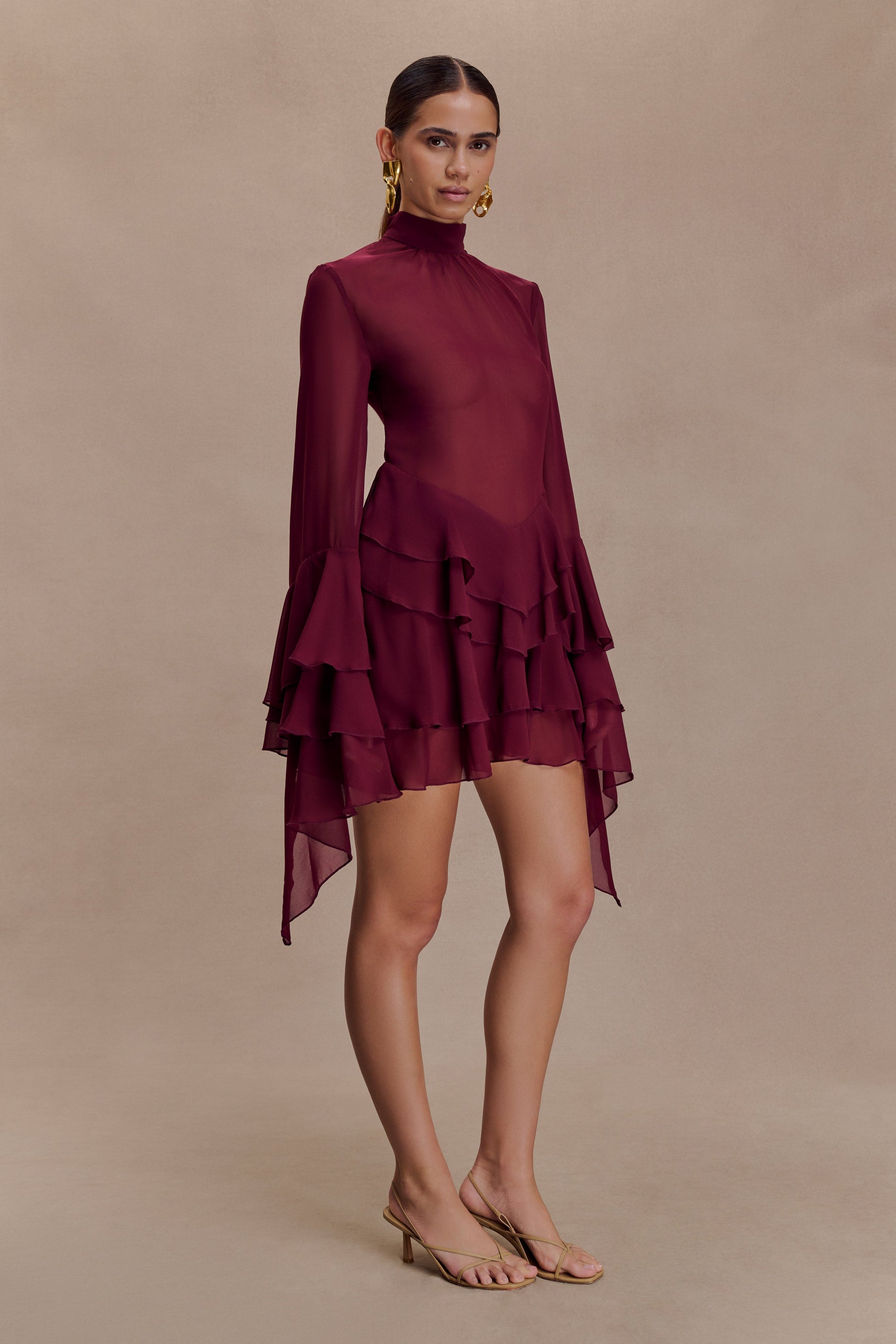 Nimah Chiffon Ruffle Mini Dress / Wine | MESHKI | XS Nimah Chiffon Ruffle Mini Dress / Wine | MESHKI | XS