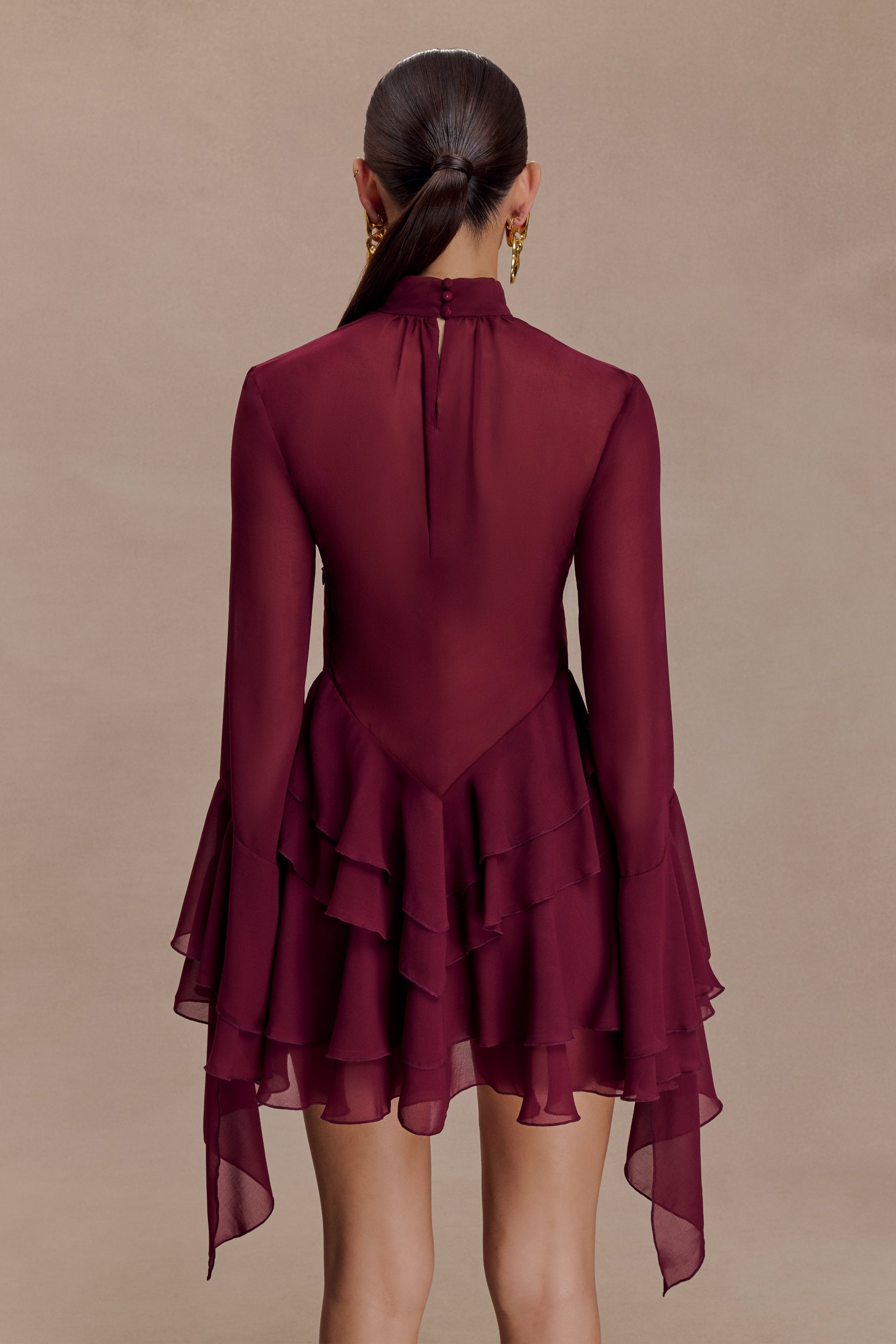 Nimah Chiffon Ruffle Mini Dress / Wine | MESHKI | XS Nimah Chiffon Ruffle Mini Dress / Wine | MESHKI | XS