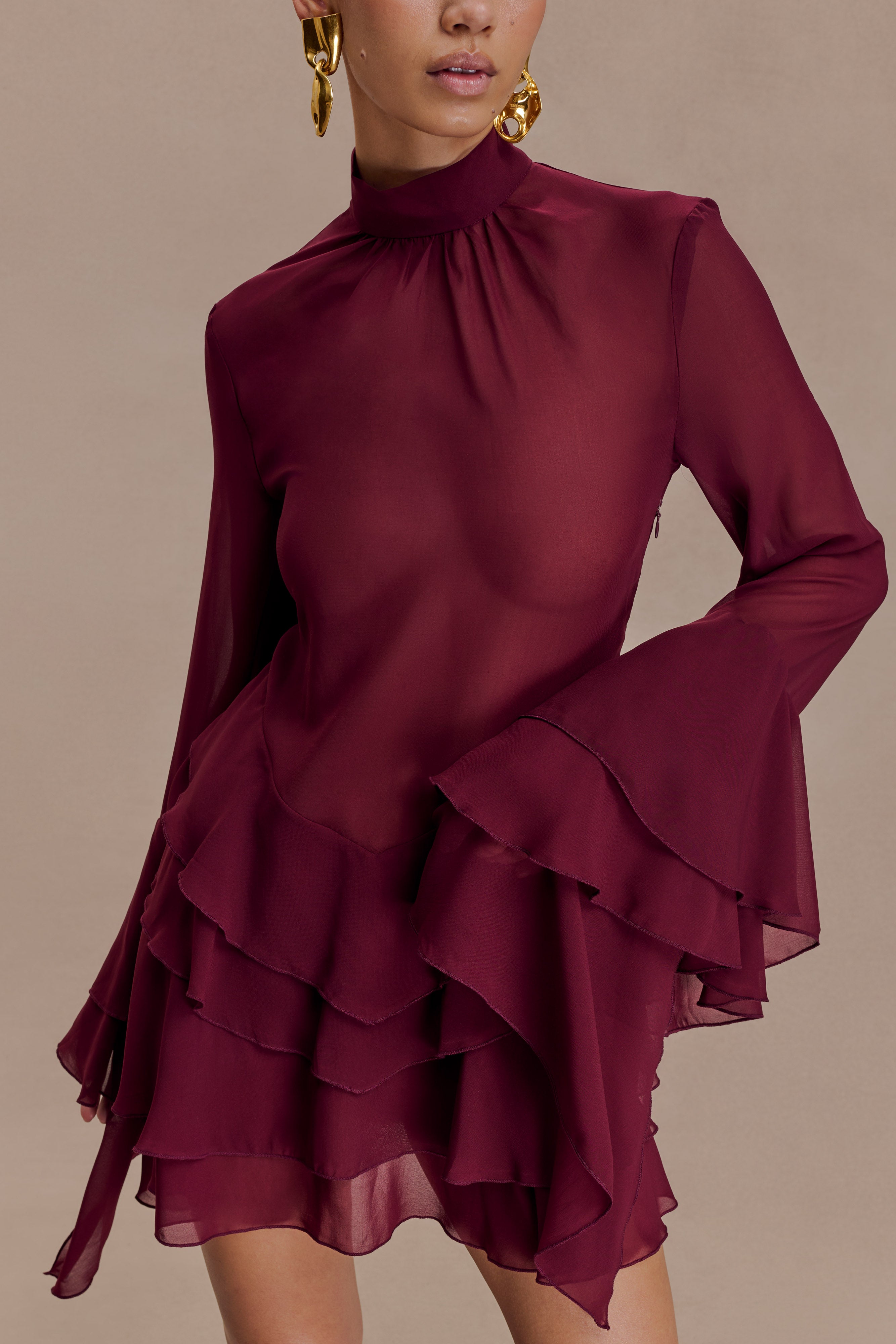 Nimah Chiffon Ruffle Mini Dress - Wine | MESHKI US