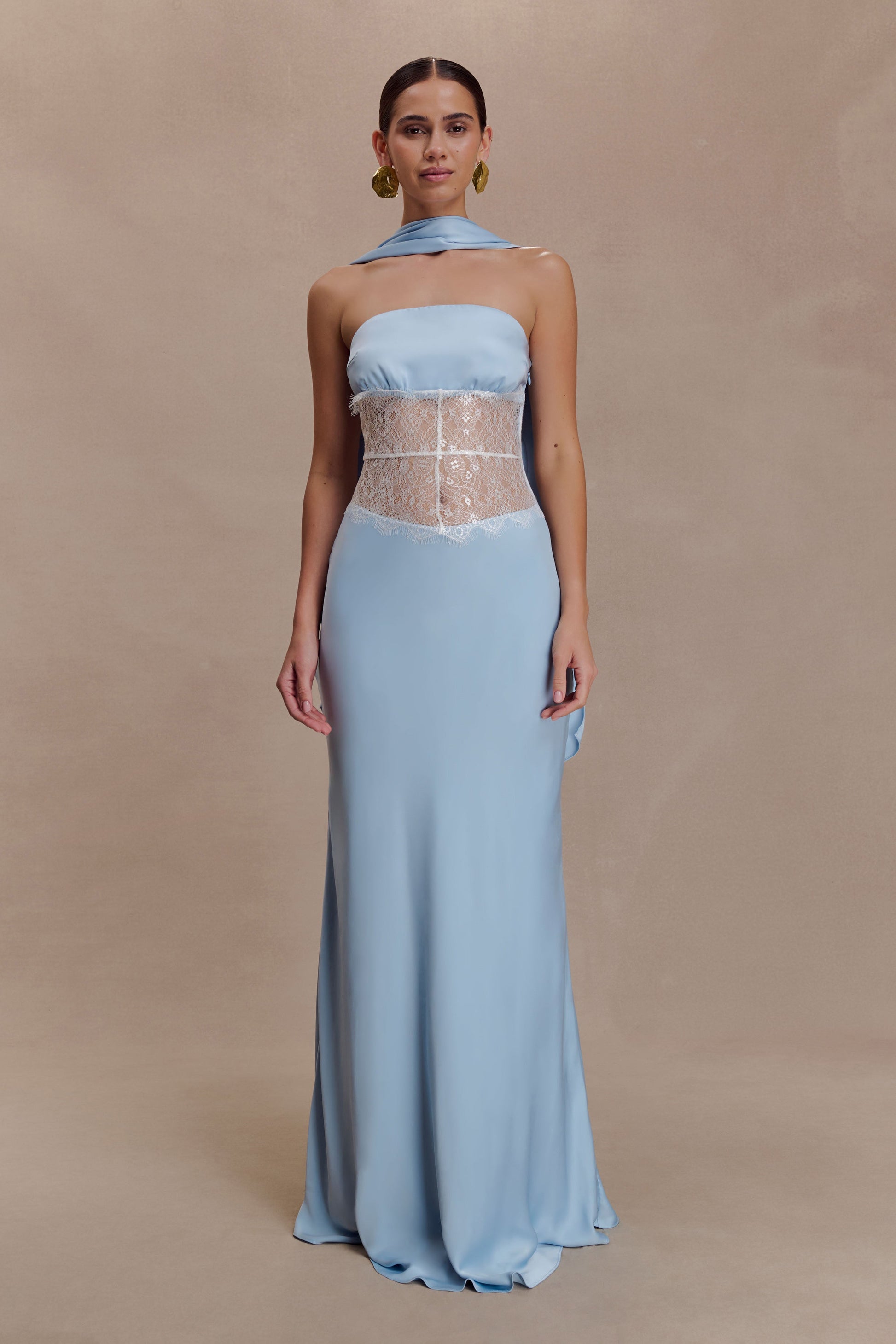 Pilar Strapless Satin And Lace Maxi Dress