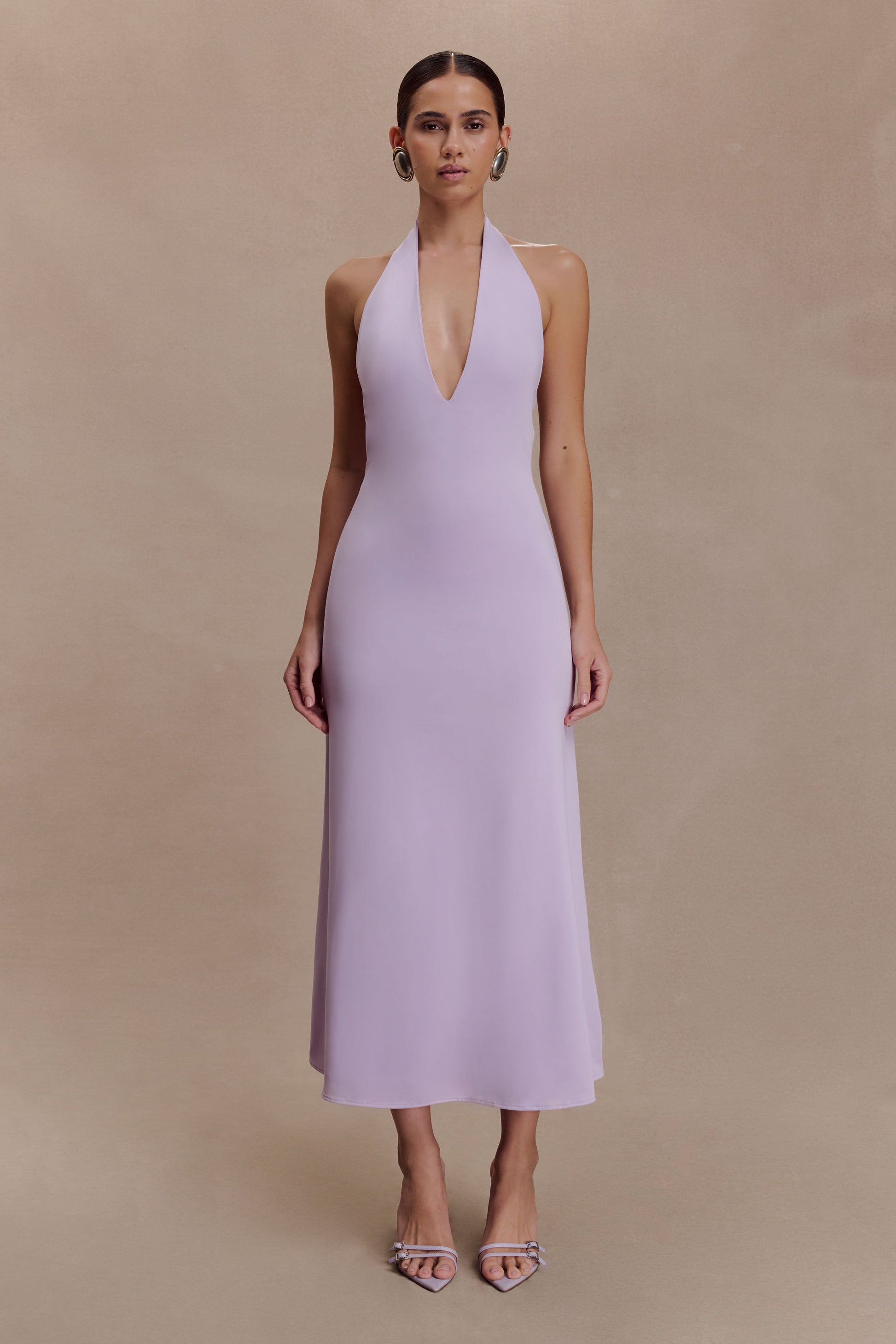 Genie Slinky Halter Midi Dress - Lilac | MESHKI US Genie Slinky Halter Midi Dress - Lilac | MESHKI US