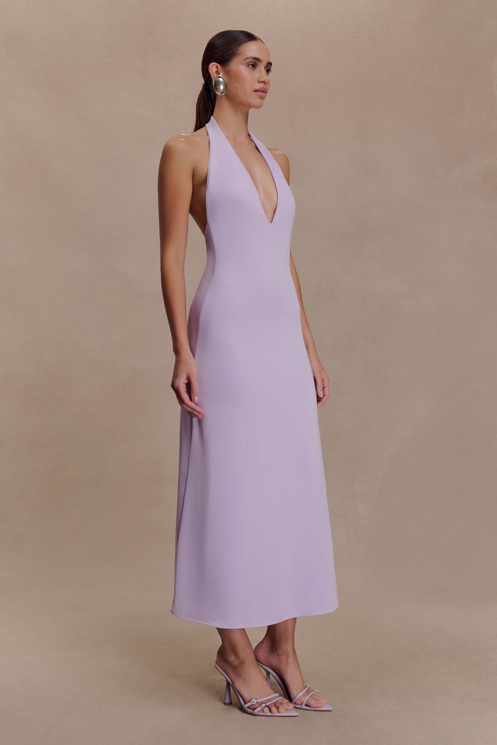 Genie Slinky Halter Midi Dress - Lilac | MESHKI US Genie Slinky Halter Midi Dress - Lilac | MESHKI US