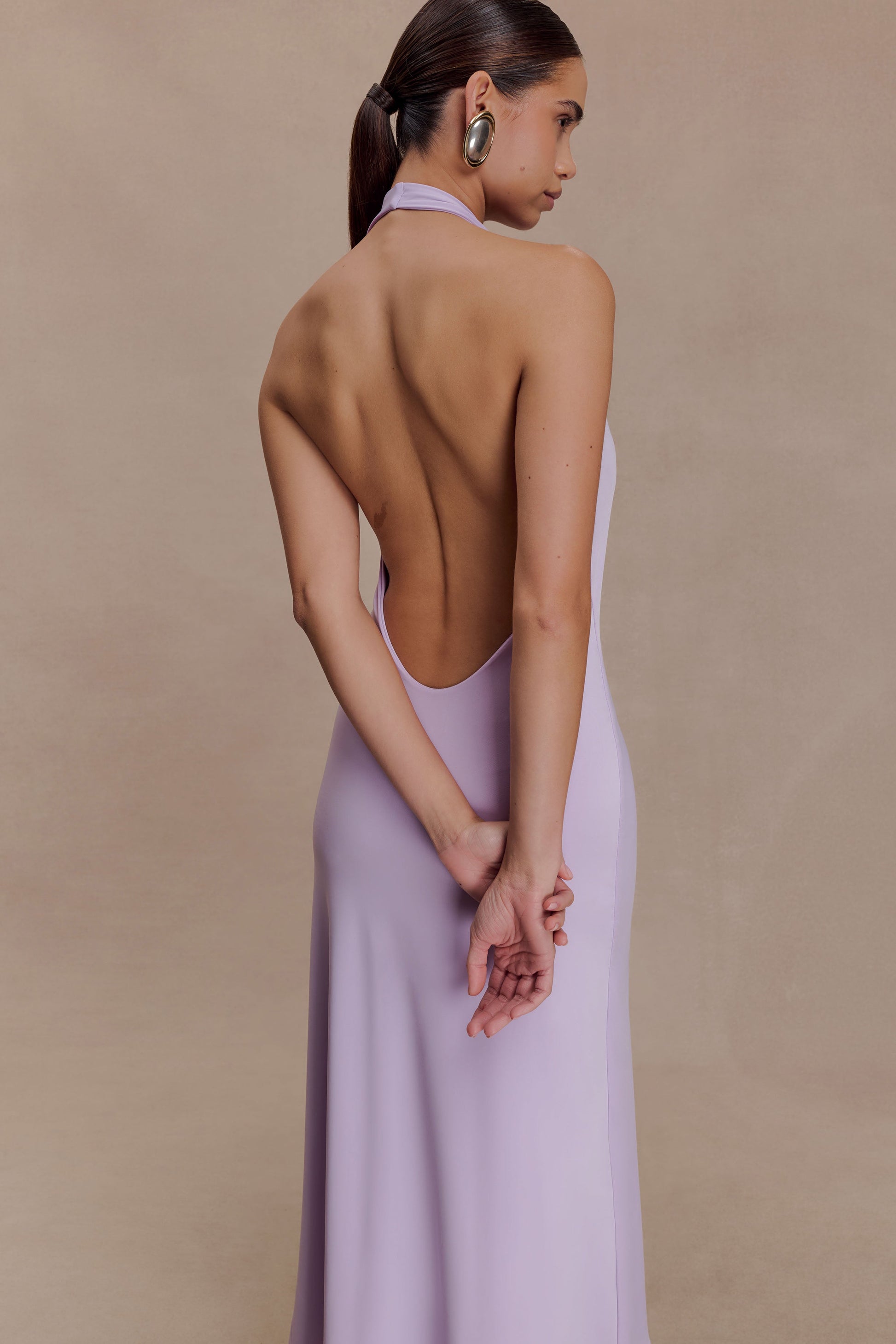 Genie Slinky Halter Midi Dress - Lilac | MESHKI US Genie Slinky Halter Midi Dress - Lilac | MESHKI US