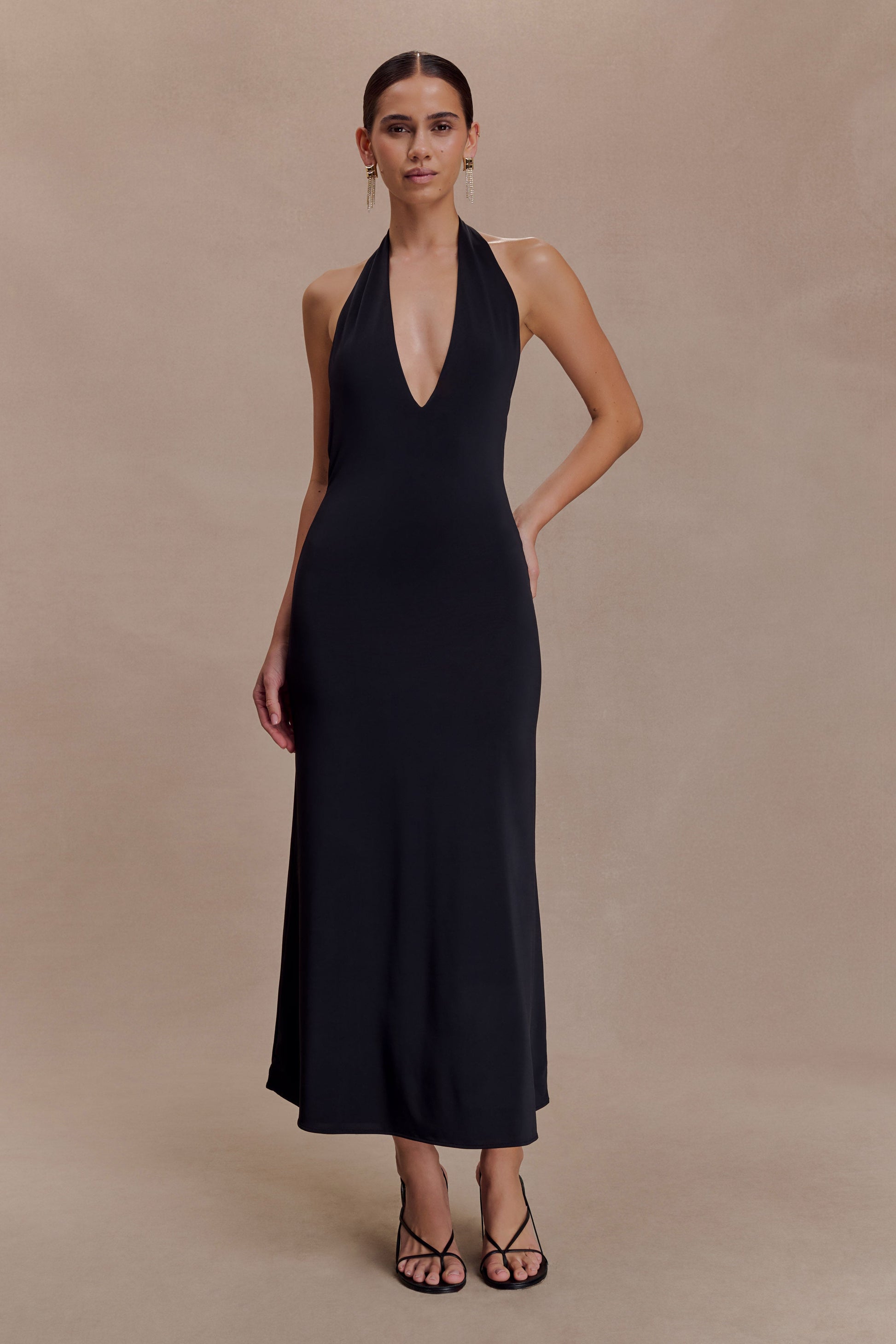 Genie Slinky Halter Midi Dress - Black | MESHKI US Genie Slinky Halter Midi Dress - Black | MESHKI US