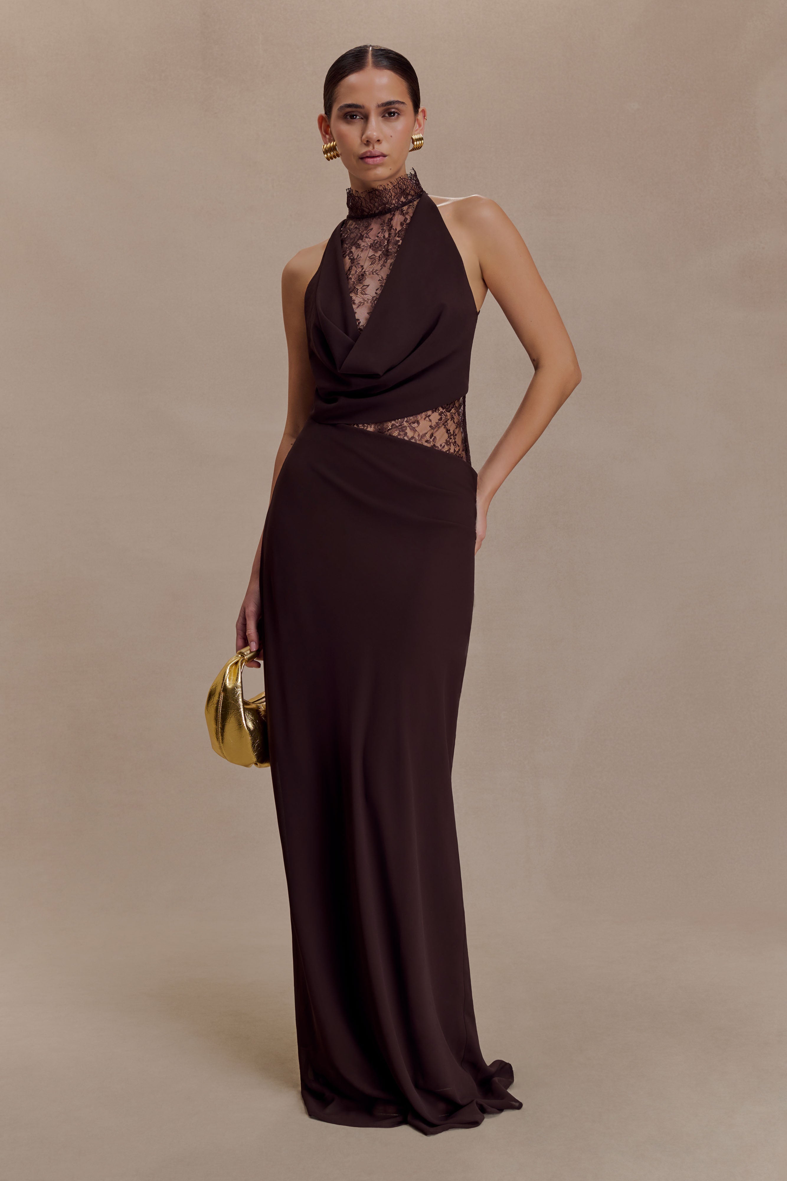 Arra Chiffon And Lace Halter Maxi Dress - Cacao Brown | MESHKI US