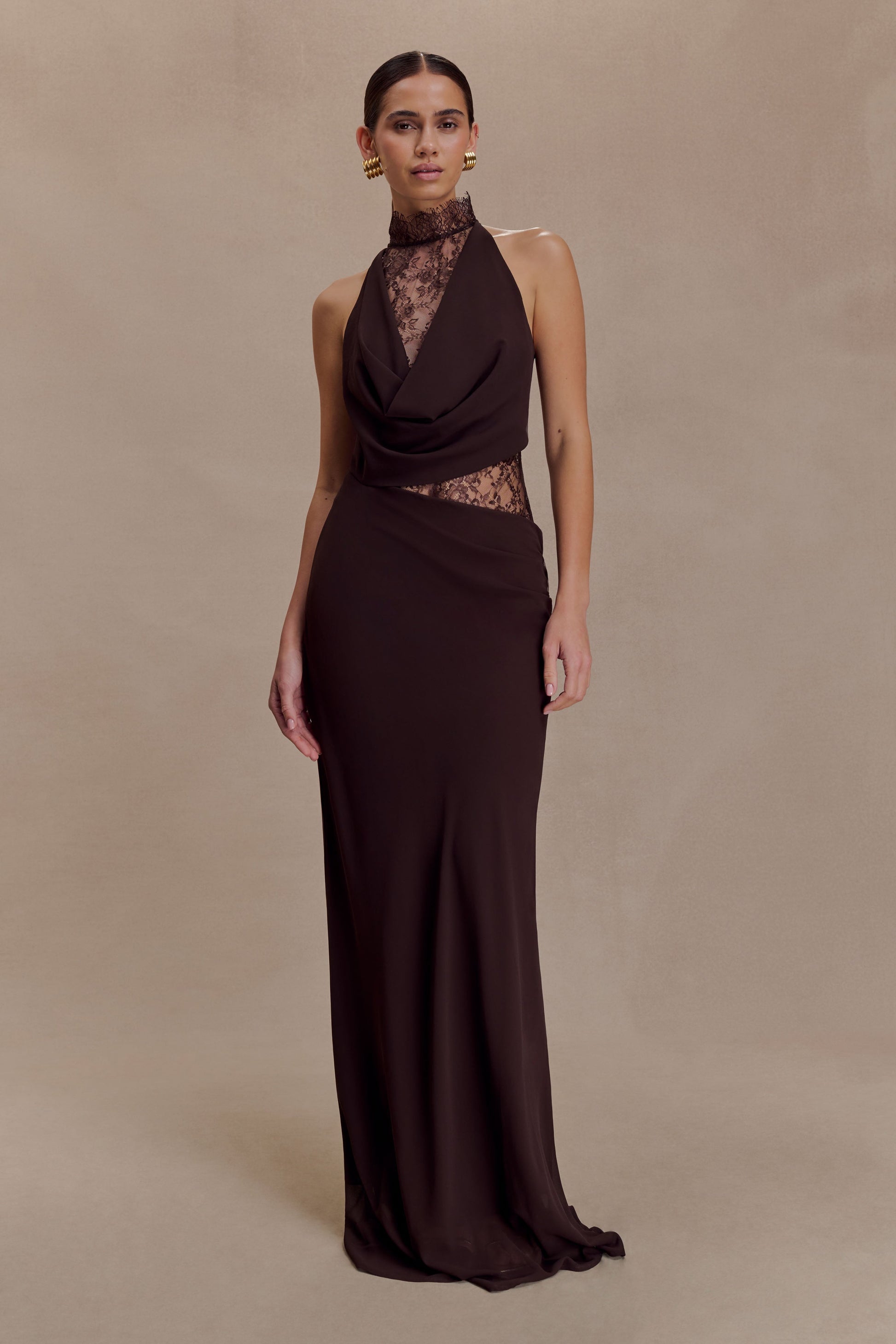 Arra Chiffon And Lace Halter Maxi Dress - Cacao Brown | MESHKI US Arra Chiffon And Lace Halter Maxi Dress - Cacao Brown | MESHKI US