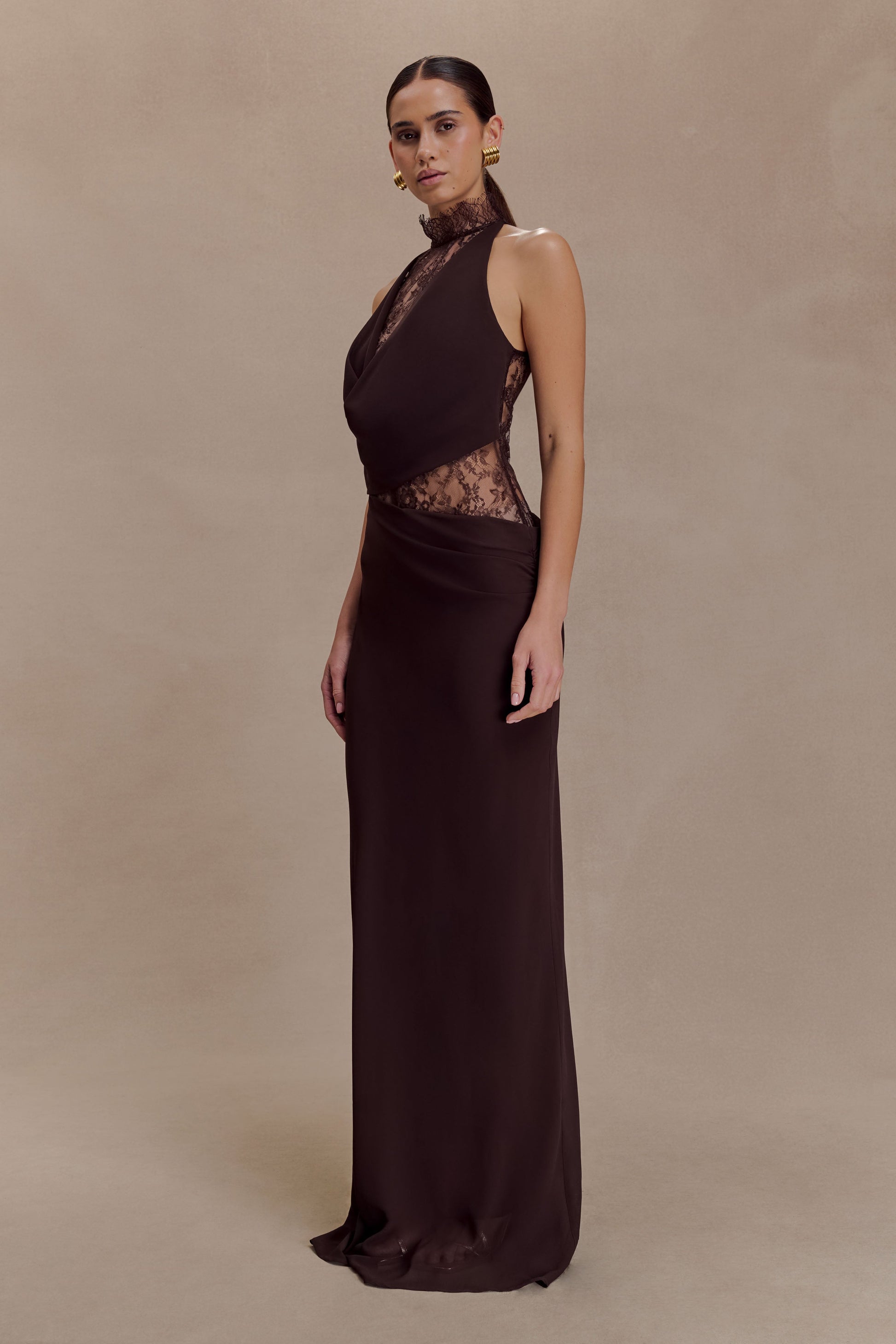 Arra Chiffon And Lace Halter Maxi Dress / Cacao Brown | MESHKI