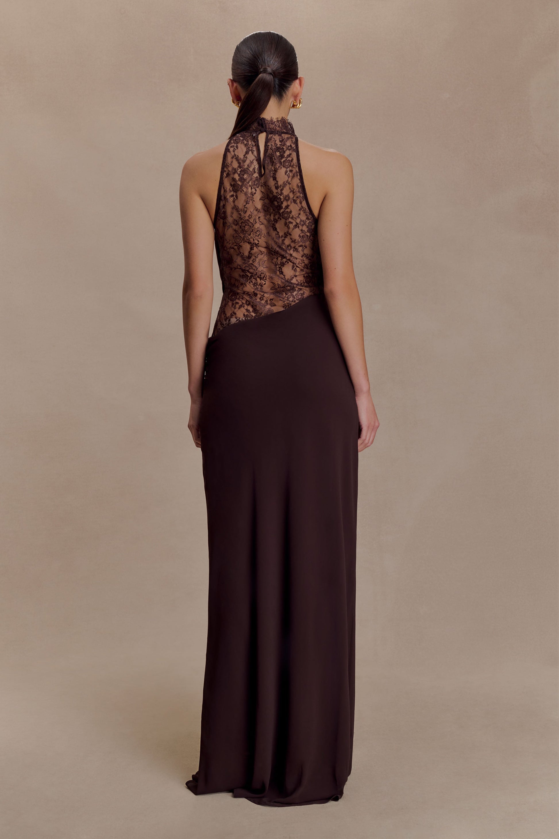 Arra Chiffon And Lace Halter Maxi Dress - Cacao Brown | MESHKI US Arra Chiffon And Lace Halter Maxi Dress - Cacao Brown | MESHKI US