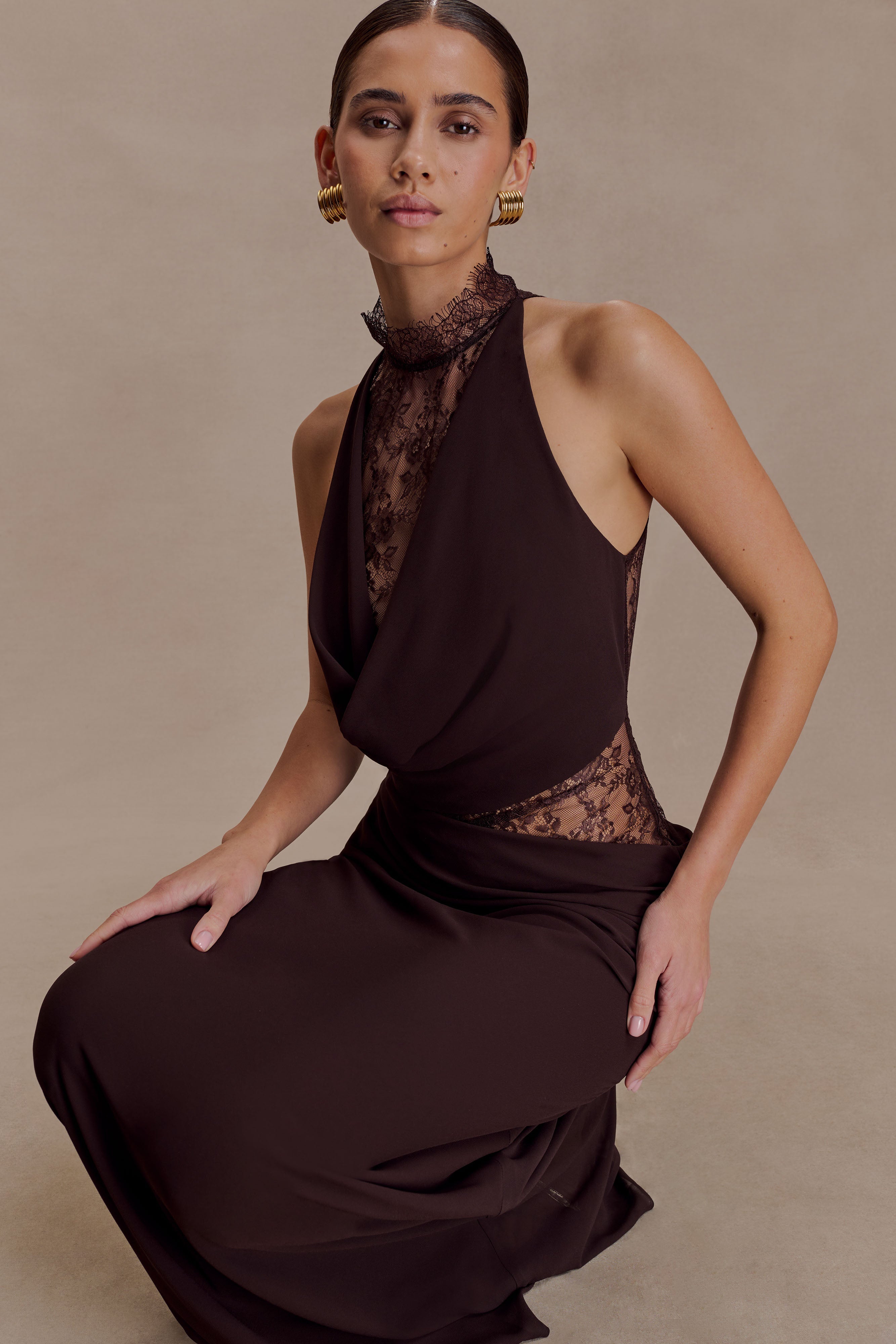 Arra Chiffon And Lace Halter Maxi Dress - Cacao Brown | MESHKI US