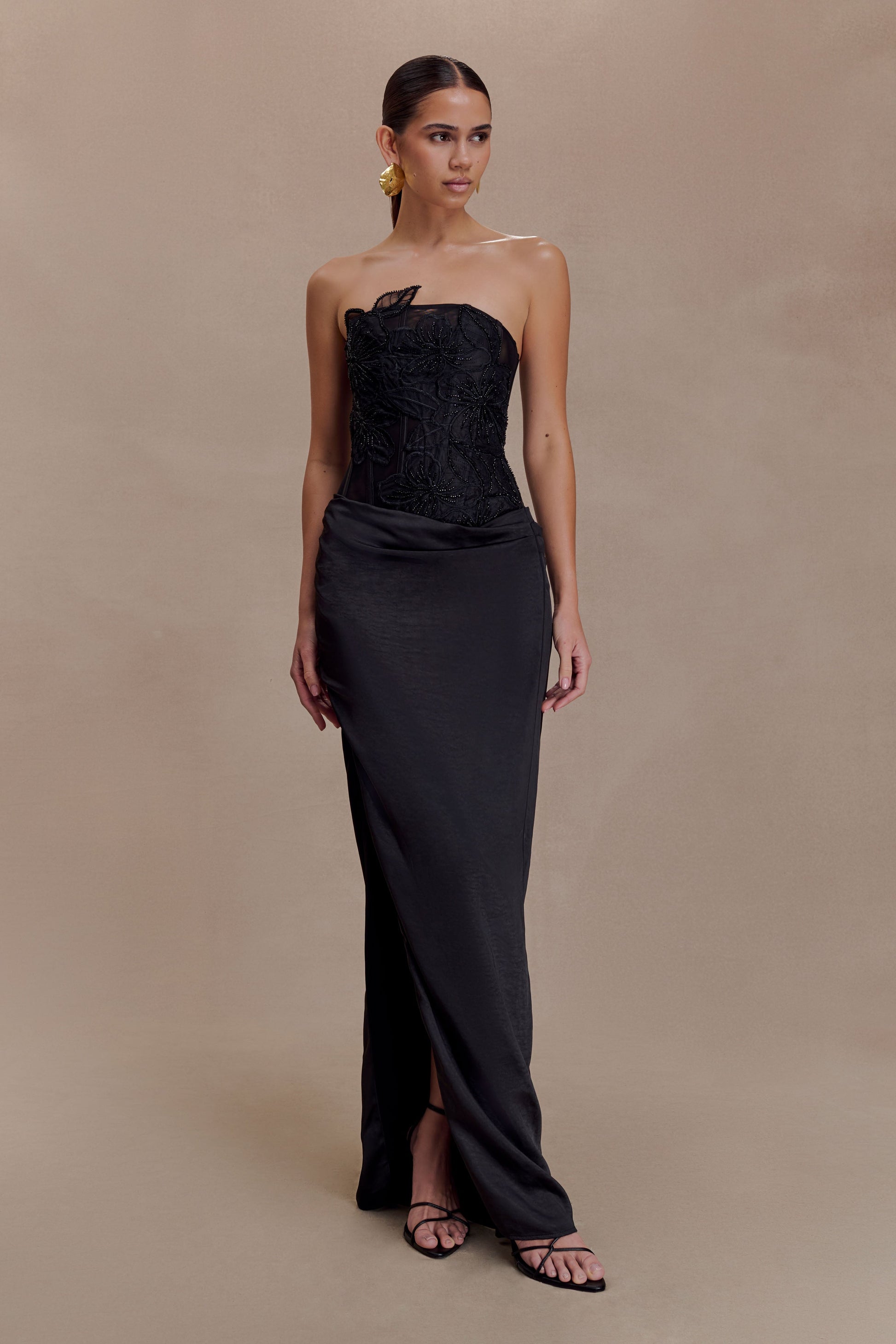 Asha Floral Mesh And Satin Maxi Dress - Black | MESHKI US Asha Floral Mesh And Satin Maxi Dress - Black | MESHKI US