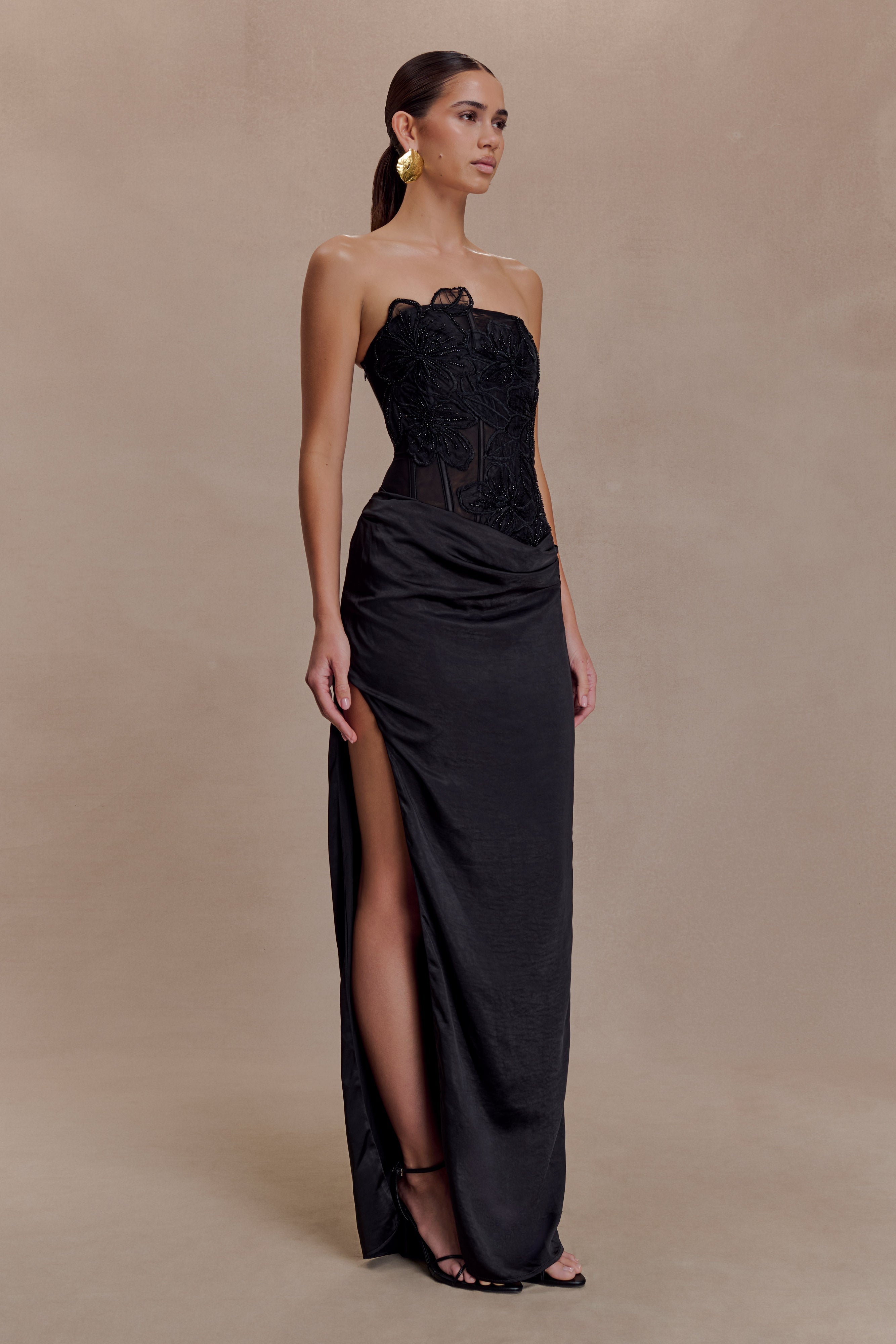 Acka. all sheer flower dress ブラック 01 Asha Floral Mesh And Satin Maxi Dress - Black | MESHKI US