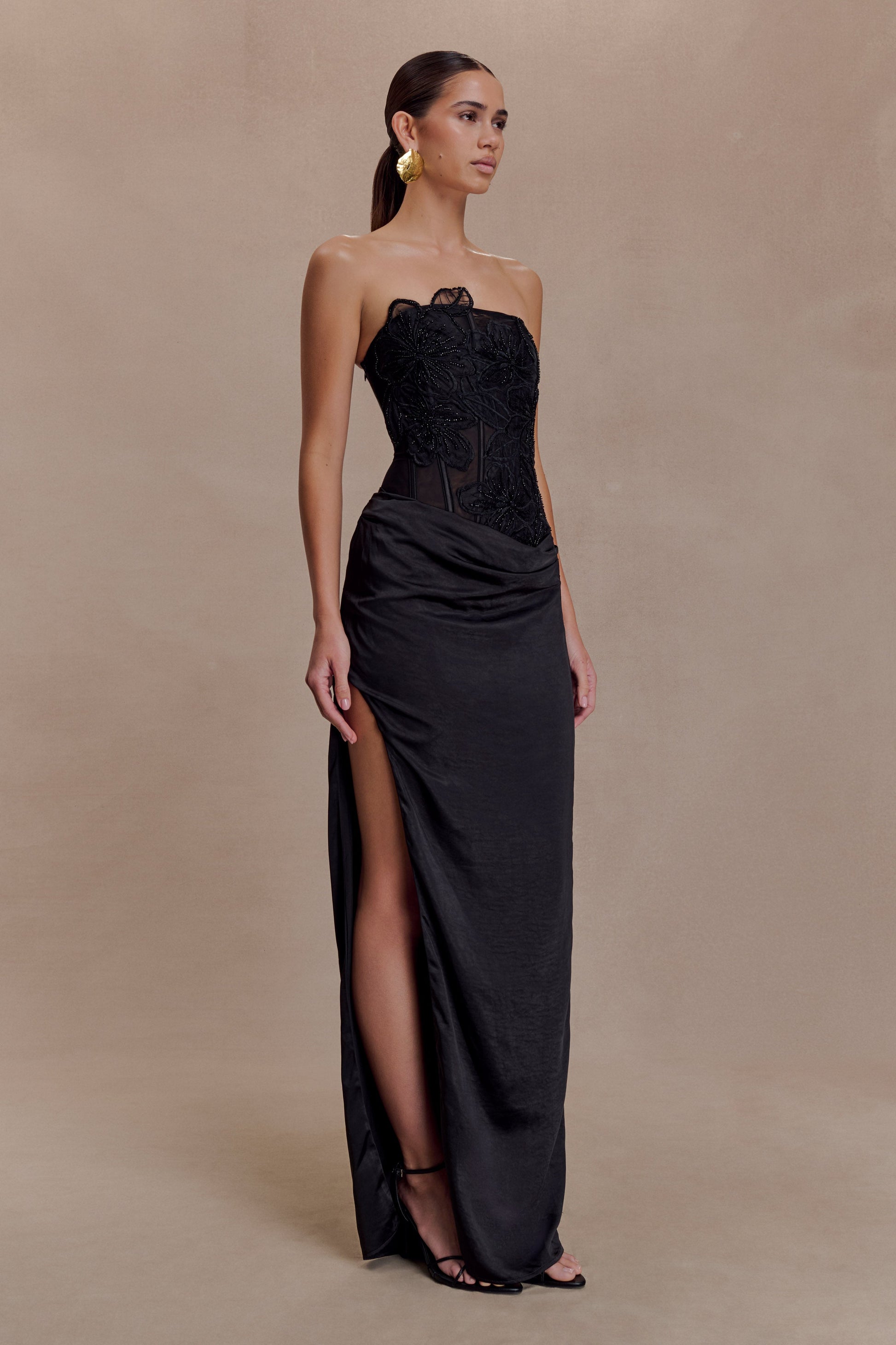 Asha Floral Mesh And Satin Maxi Dress / Black | MESHKI | XS Asha Floral Mesh And Satin Maxi Dress / Black | MESHKI | XS
