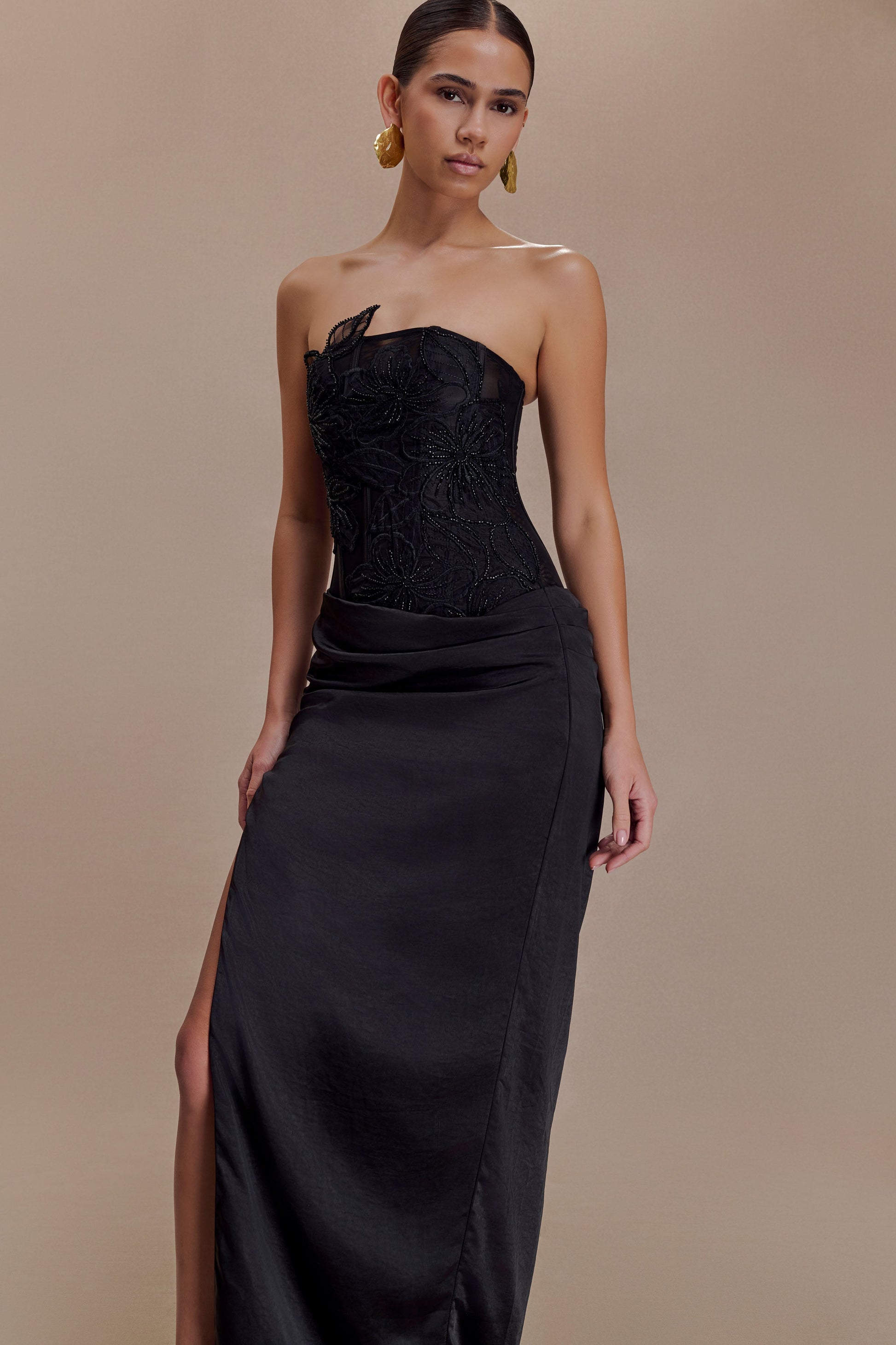 black floral strapless dress Asha Floral Mesh And Satin Maxi Dress / Black | MESHKI
