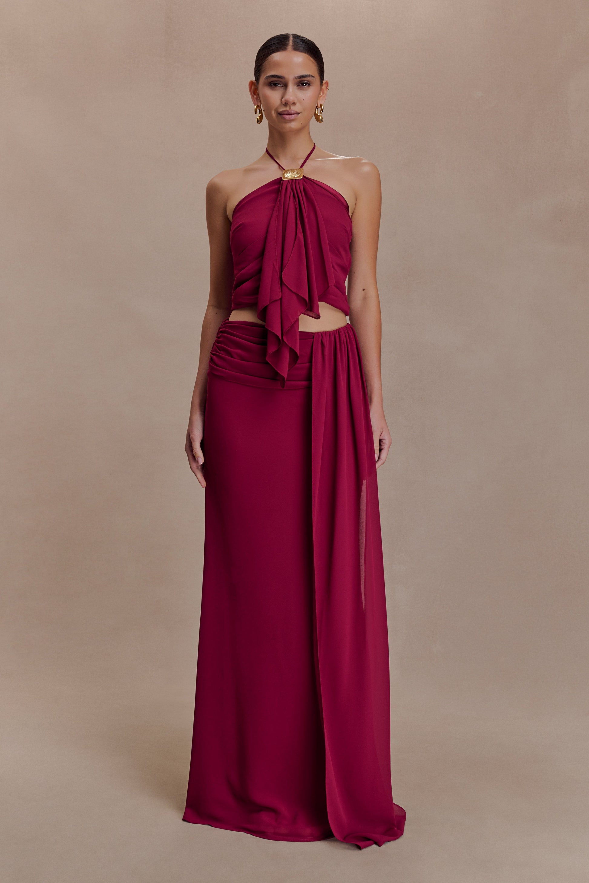 Celina Chiffon Halter Top With Hardware - Cherry Red | MESHKI US Celina Chiffon Halter Top With Hardware - Cherry Red | MESHKI US