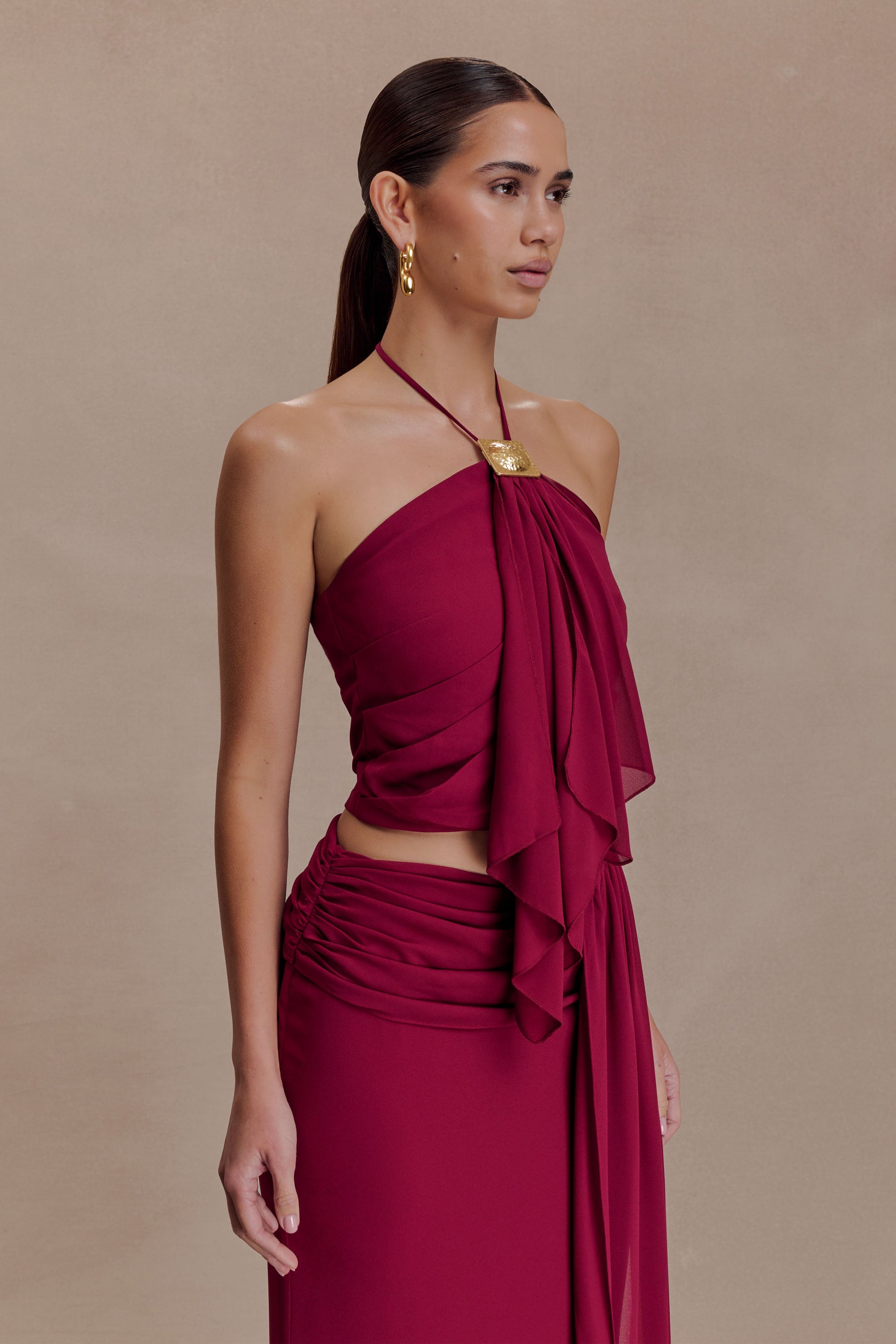 Celina Chiffon Halter Top With Hardware - Cherry Red #3