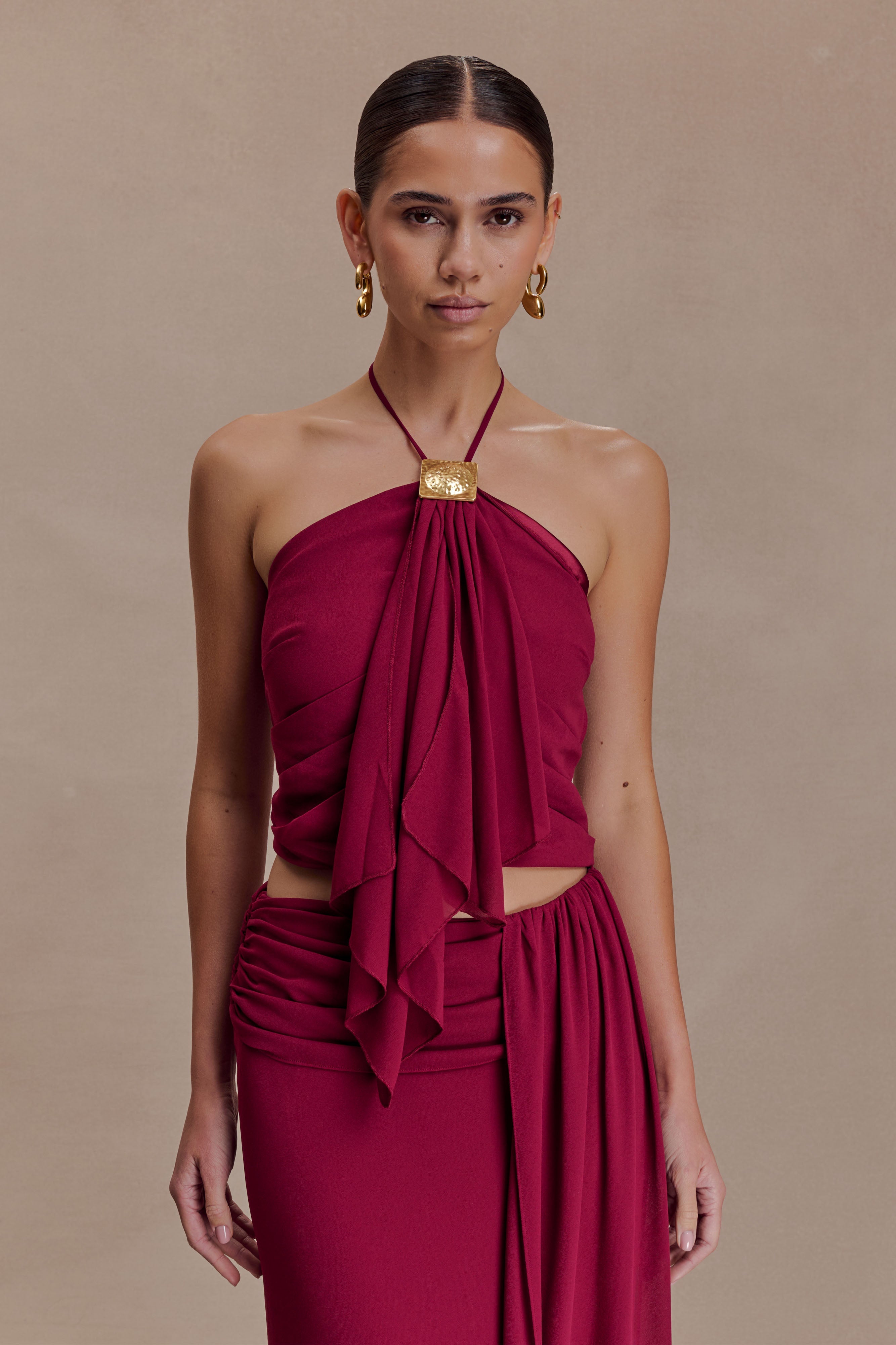 Celina Chiffon Halter Top With Hardware - Cherry Red | MESHKI US