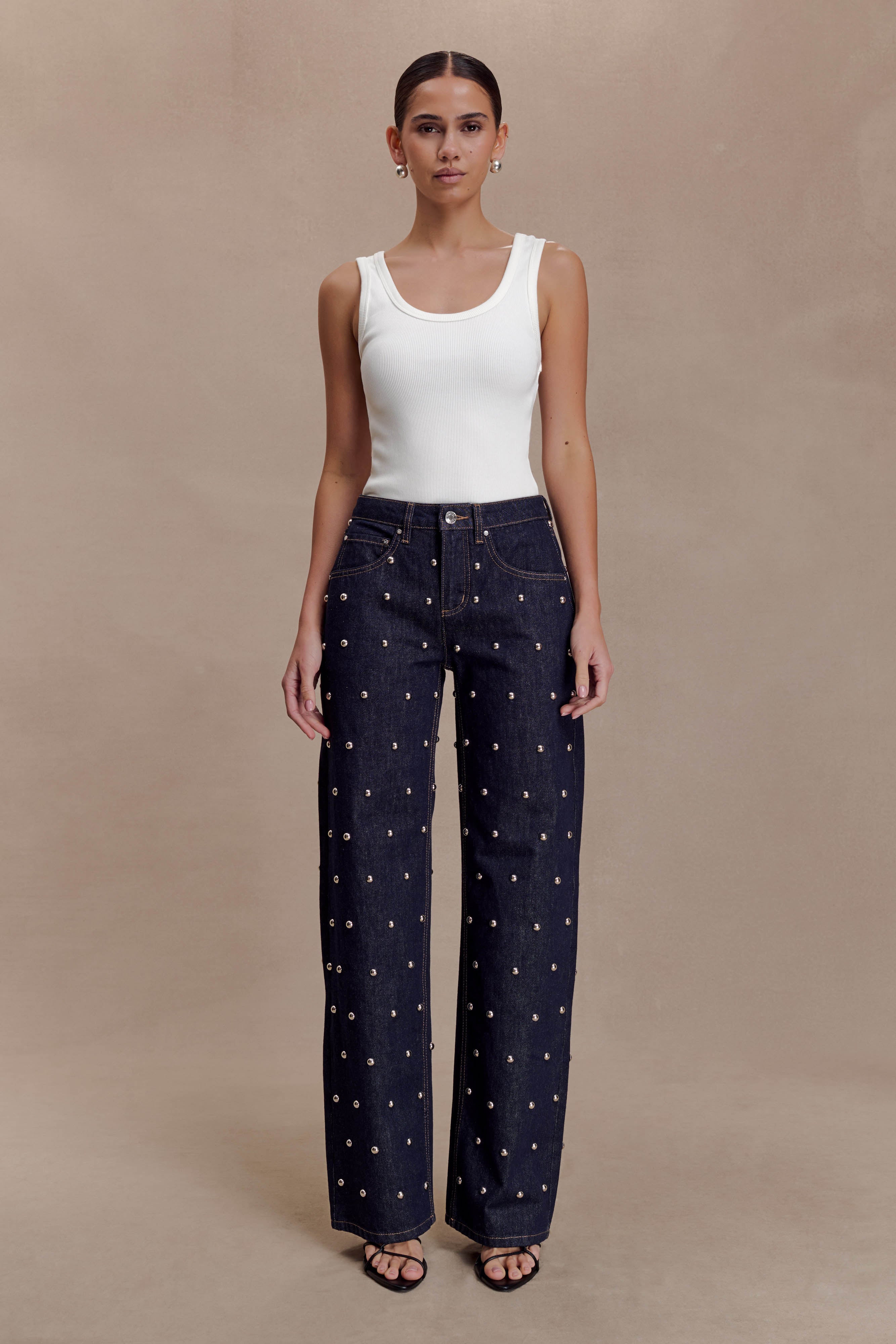 Alima Mid Rise Stud Denim Jeans - Washed Indigo Blue | MESHKI US