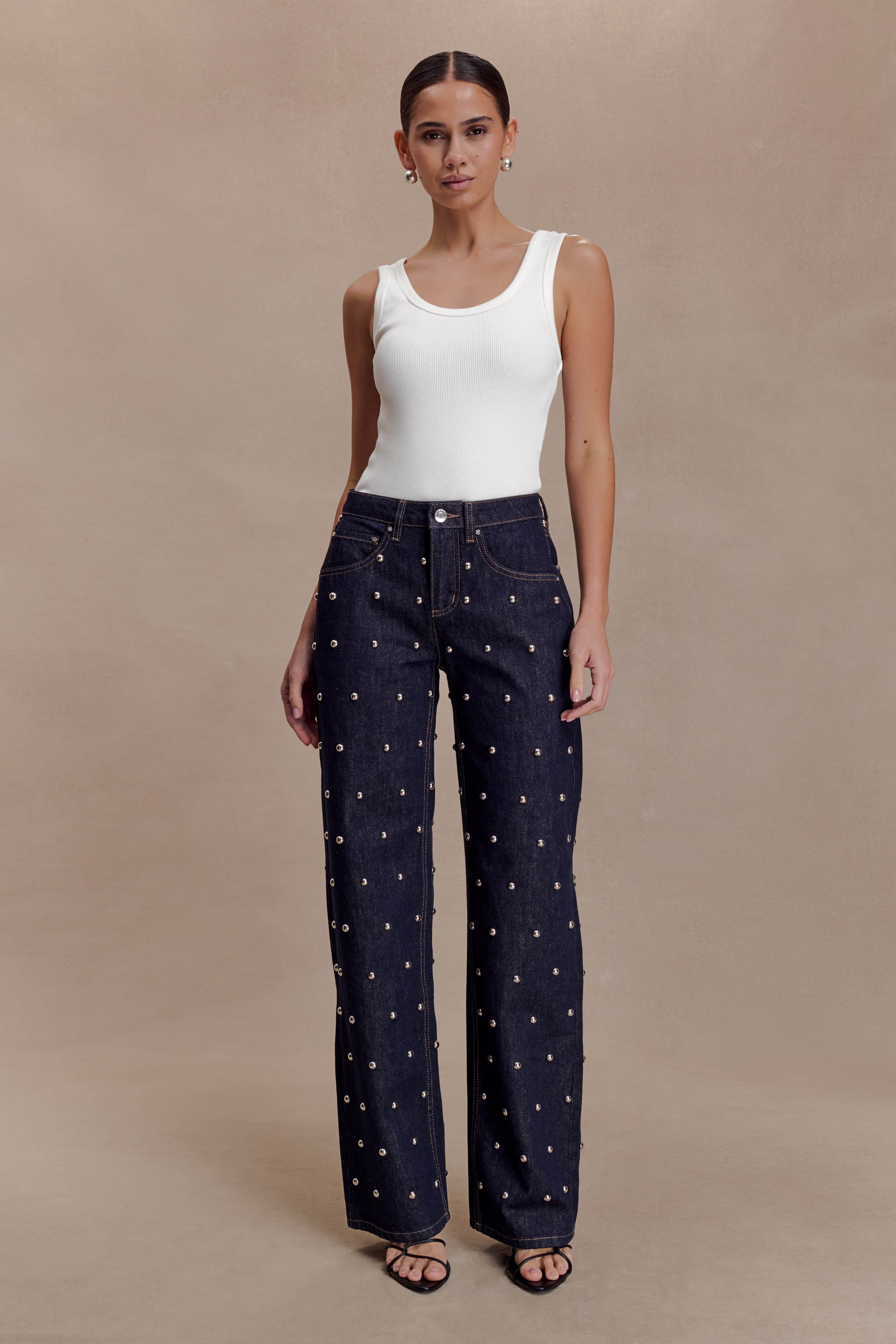 Alima Mid Rise Stud Denim Jeans - Washed Indigo Blue | MESHKI US