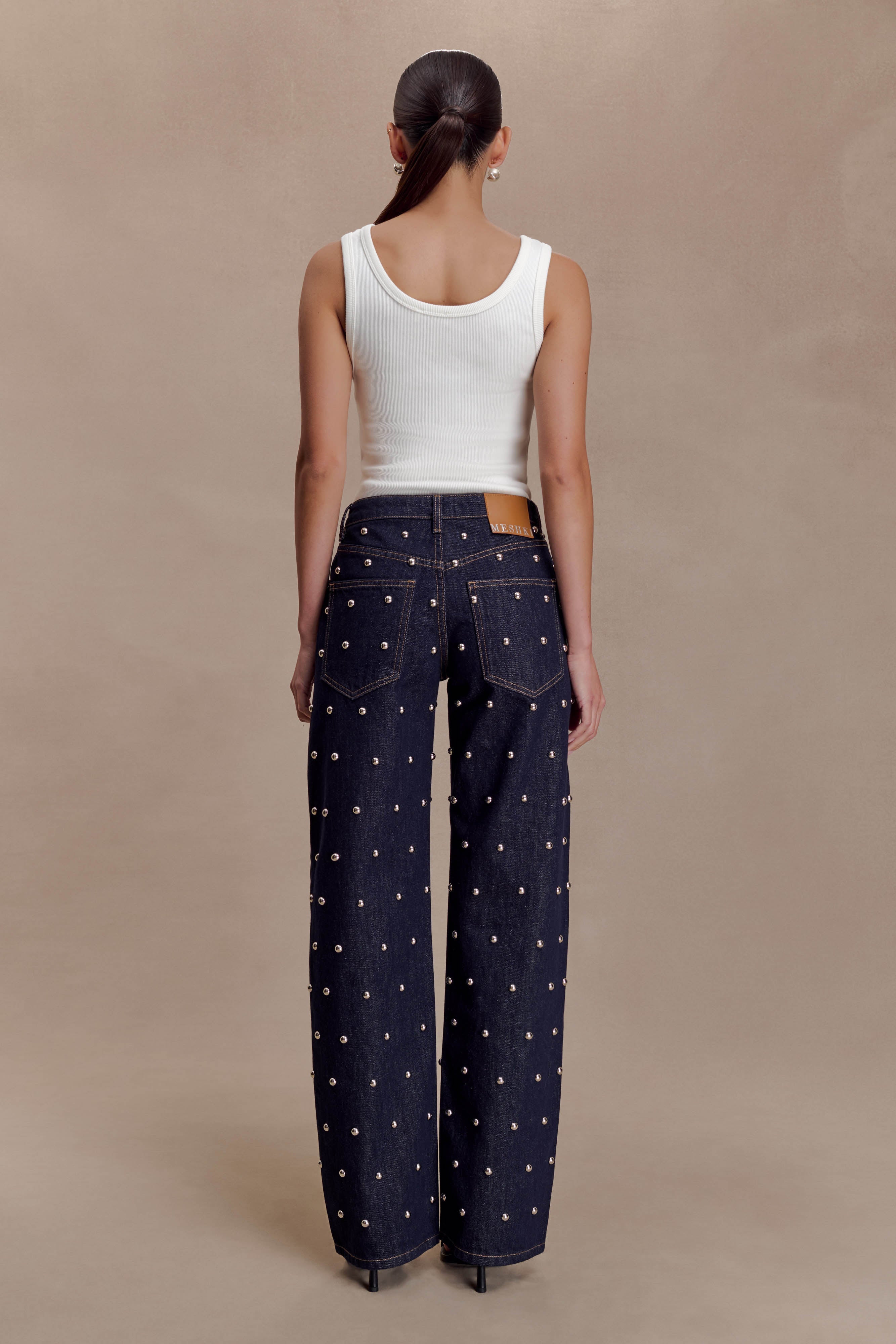 Alima Mid Rise Stud Denim Jeans - Washed Indigo Blue | MESHKI US