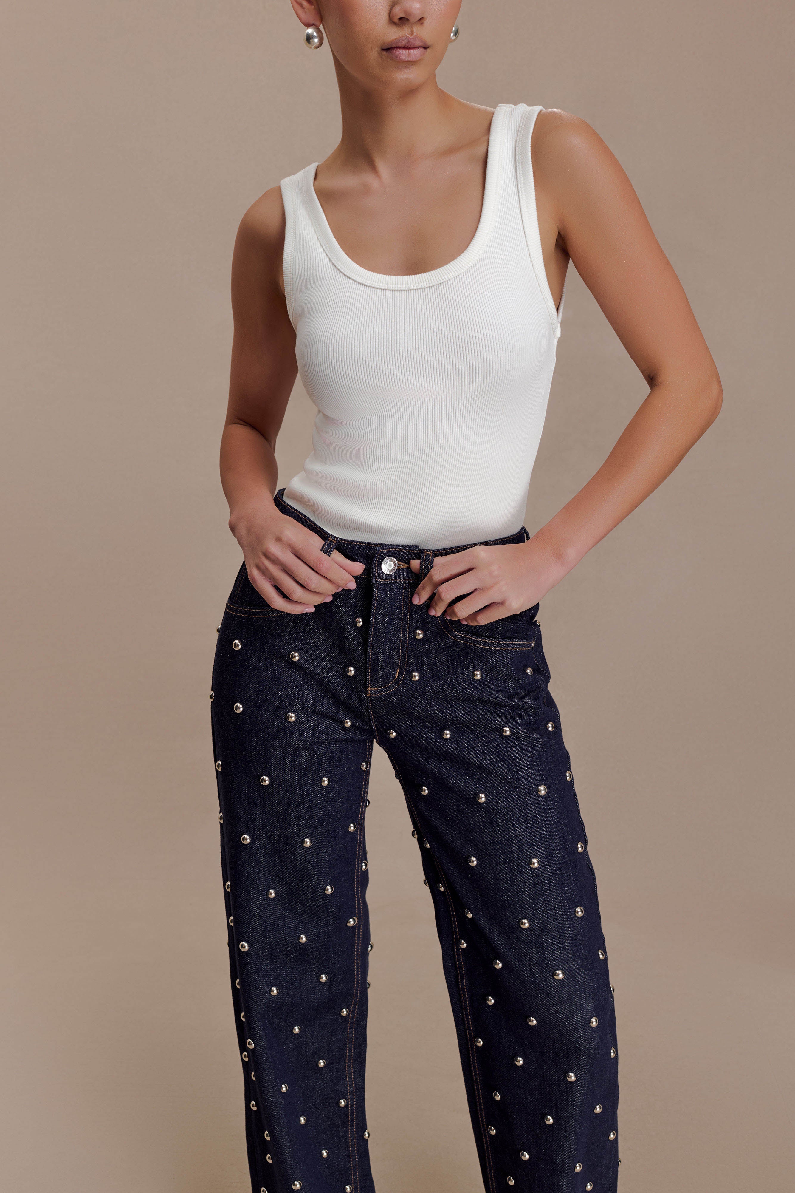 Alima Mid Rise Stud Denim Jeans - Washed Indigo Blue | MESHKI US