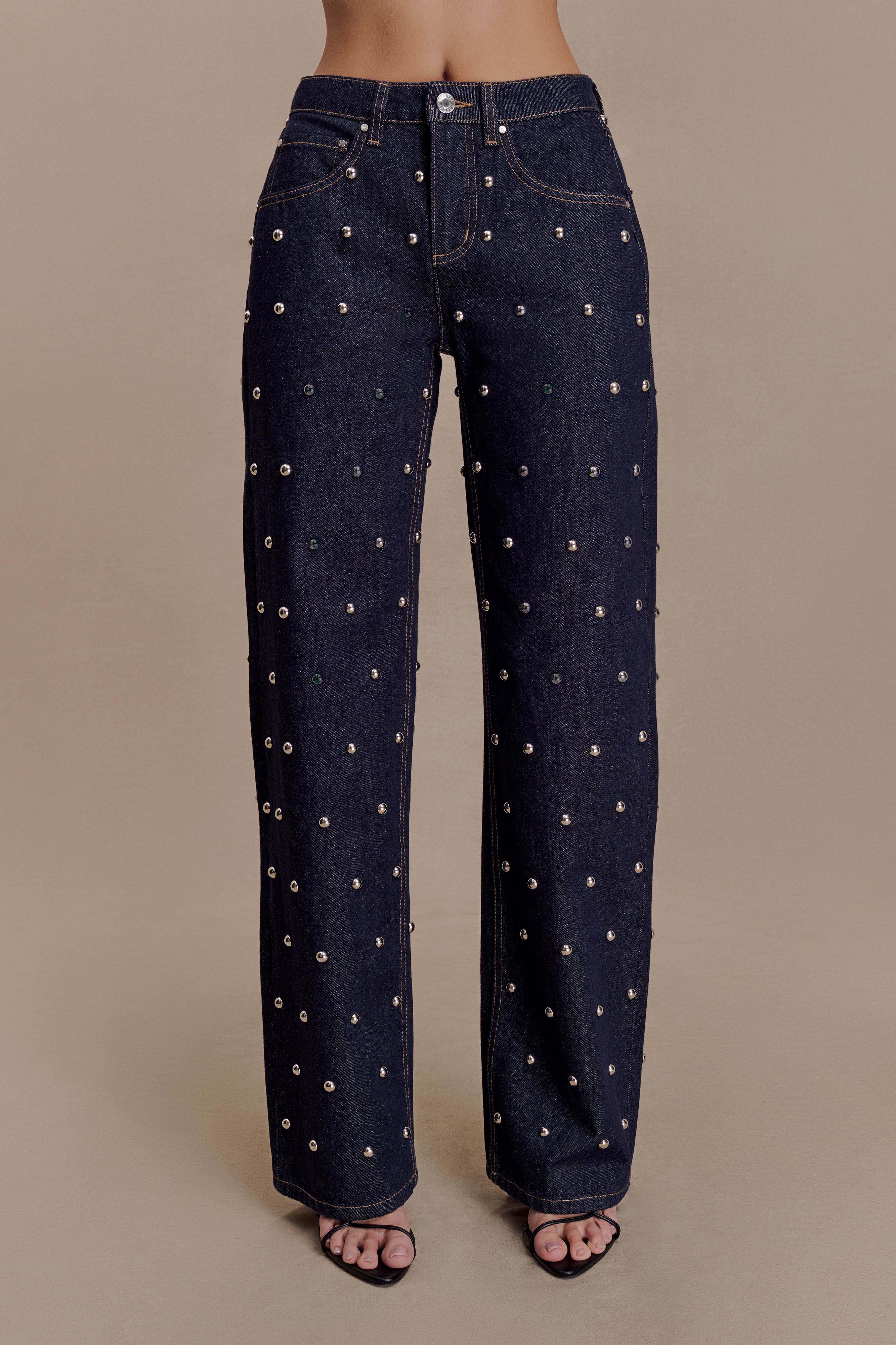 Alima Mid Rise Stud Denim Jeans - Washed Indigo Blue | MESHKI US